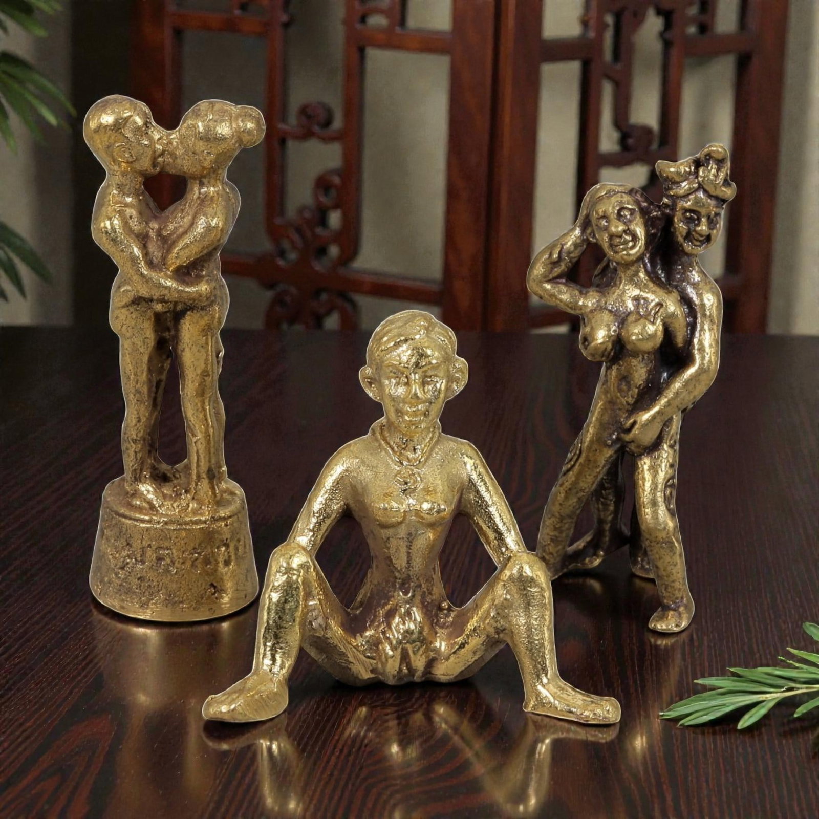 Thai Vintage Copper Alloy Erotic Devotional Figures - 3pcs Set, 78ZB: This set of three devotional figures is crafted from copper alloy, exhibiting a warm golden patina and the characteristic wear of vintage Thai ritual objects. The pieces depict stylized erotic and fer