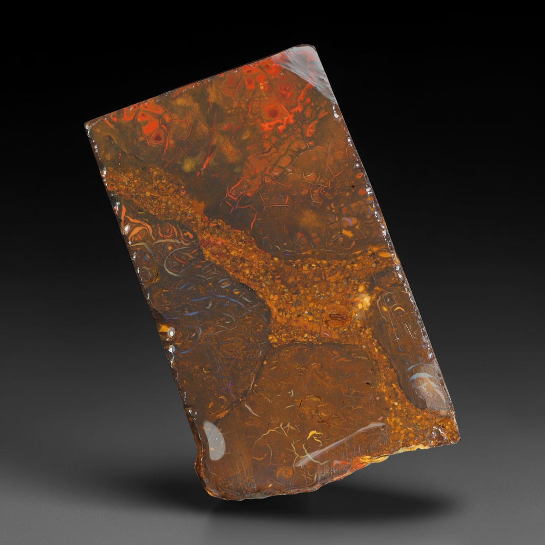 95.07ct Natural Australian Queensland Boulder Opal Sliced Slab Cutting Rough, 66YL: Natural sliced slab rough of Queensland boulder opal cutting grade, featuring rich color ironstone matrix with patterns. The face clearly reveals extensive opal veining and pocket formations running t