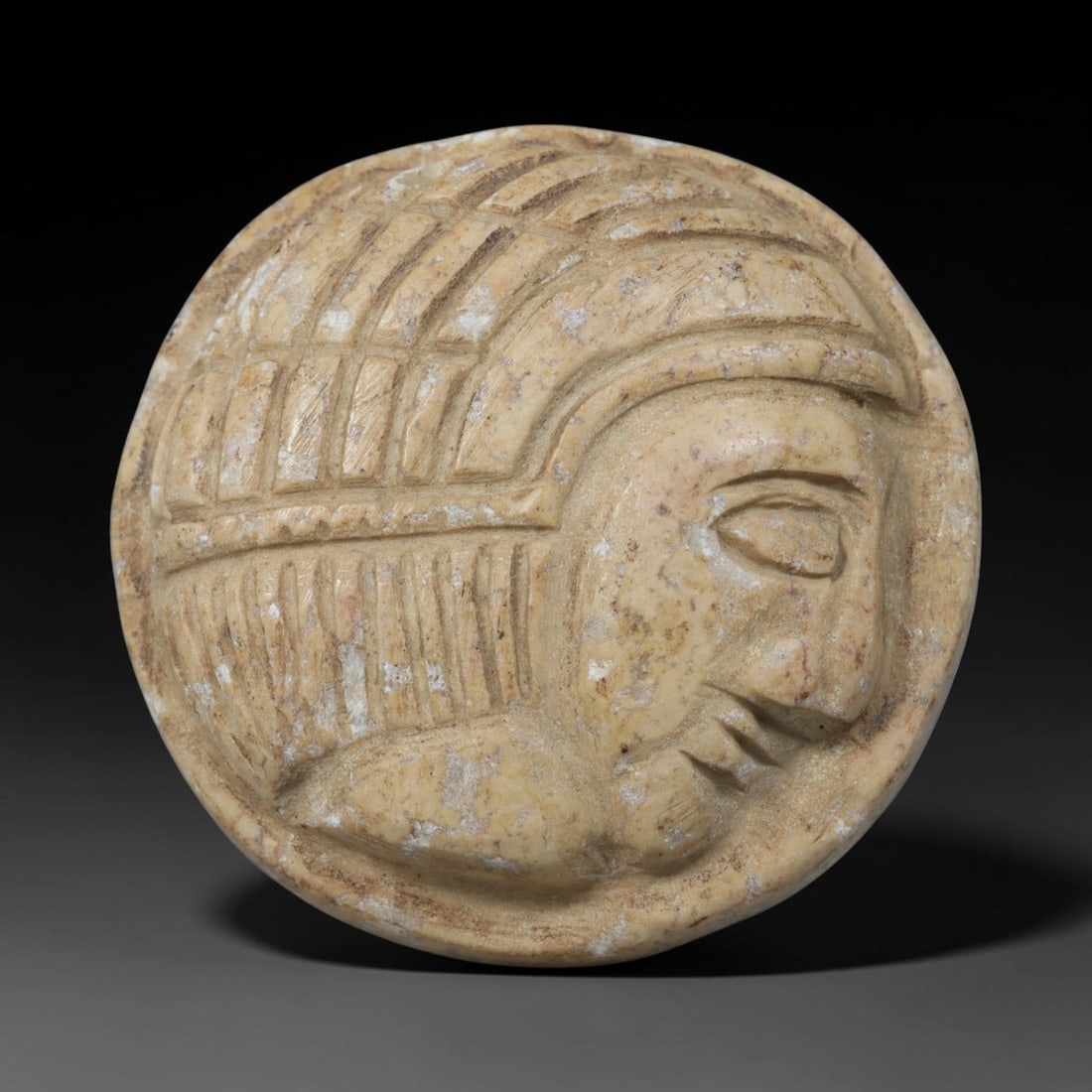 Ancient Medieval Egyptian Hand Carved Steatite Intaglio Amulet, 6WT: Round antique solid sacred artifact hand-fashioned from natural soft steatite stone, originating from Medieval Egyptian Nile Valley devotional and craft traditions. Steatite was an essential carving m