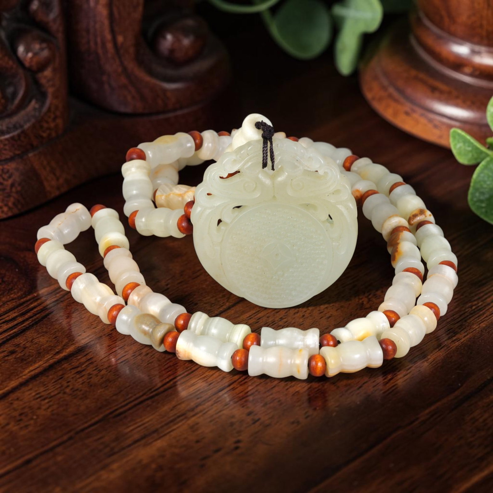 Natural Xinjiang Hetian Jade Pendant Necklace - Chinese Carved Amulet, 81YJ: This necklace features a natural Xinjiang Hetian jade pendant paired with matching Hetian jade beads, accented with small wooden spacers. The pendant is carved from pale white Hetian jade with subtle 