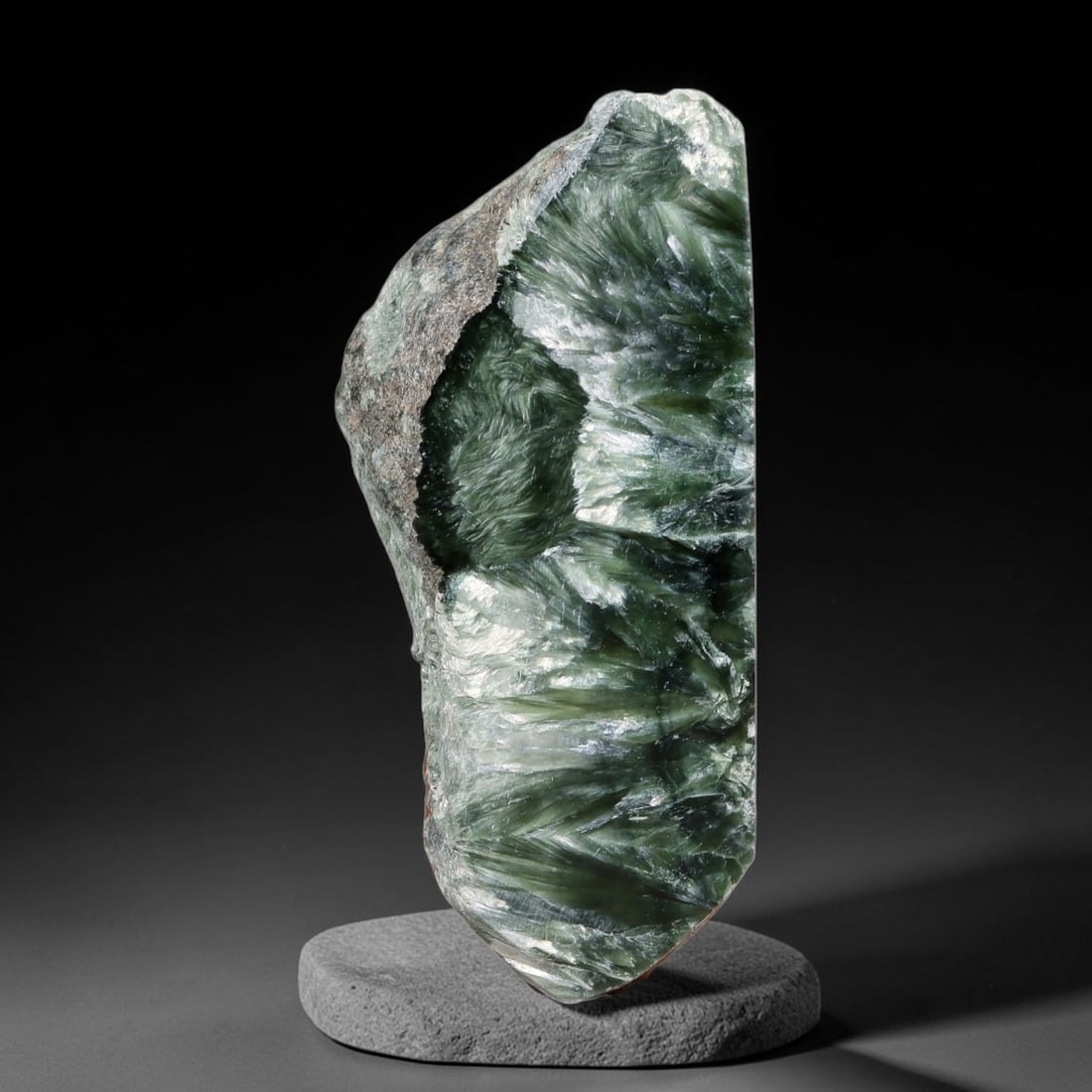 80ct Natural Siberian Seraphinite Polished Rough Slab, 83YK: This polished mineral slab is natural seraphinite originating from Siberian deposits, displaying characteristic radiating crystalline fibrous formations with layered deep forest and silvery green band