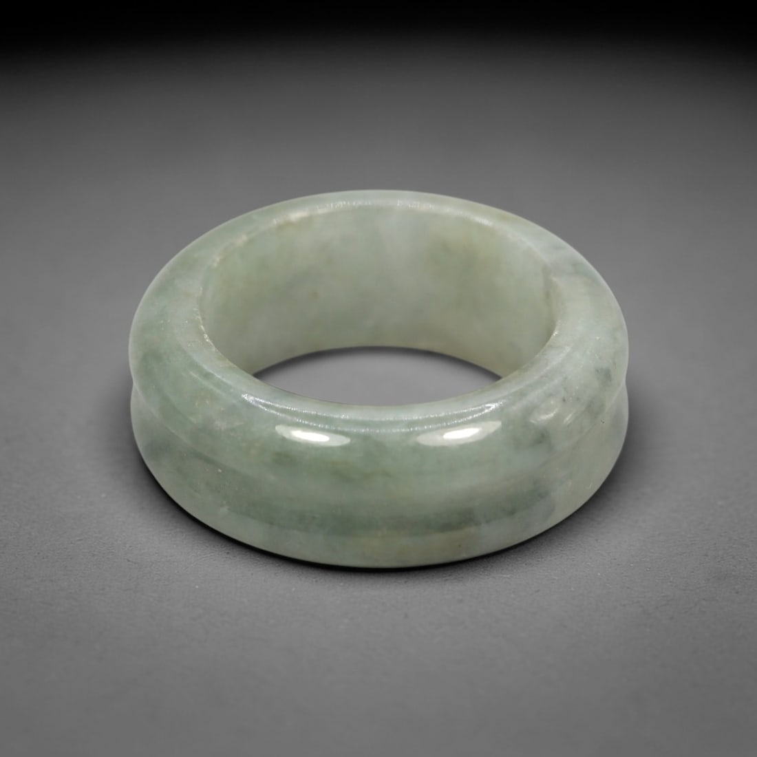 Natural Burmese Type A Jadeite Jade Double Grooved Band Ring Size US 8, 14XN: Hand-carved solid band ring crafted from genuine untreated Burmese Type A jadeite jade, presenting a soft pale misty celadon green tone with subtle natural faint grey cloud-like inclusions flowing eve