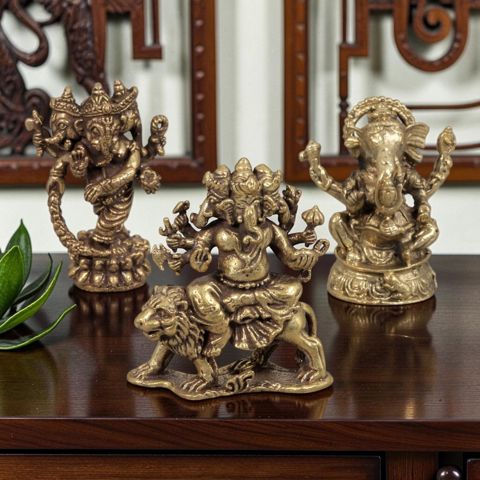Thai Vintage Copper Alloy Ganesha Devotional Figures - 3pcs Set, 93ZB: This set of three devotional figures is crafted from copper alloy, exhibiting a warm aged patina and fine surface wear consistent with vintage Thai folk religious art. The pieces depict diverse forms 