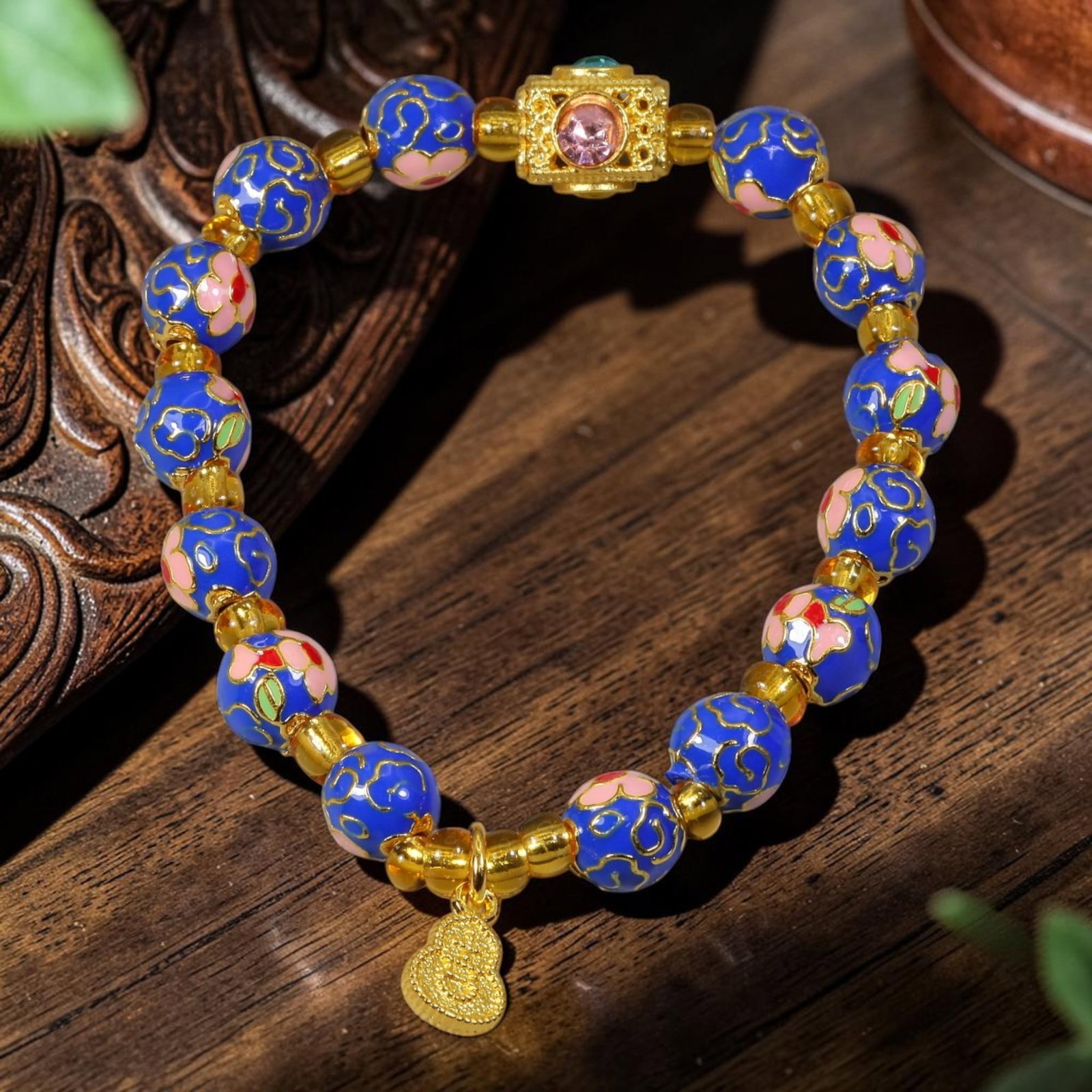 Chinese Cloisonne Enamel Beaded Bracelet - Blue Gold Gourd Prosperity Charm, 79YG (1 of 1)