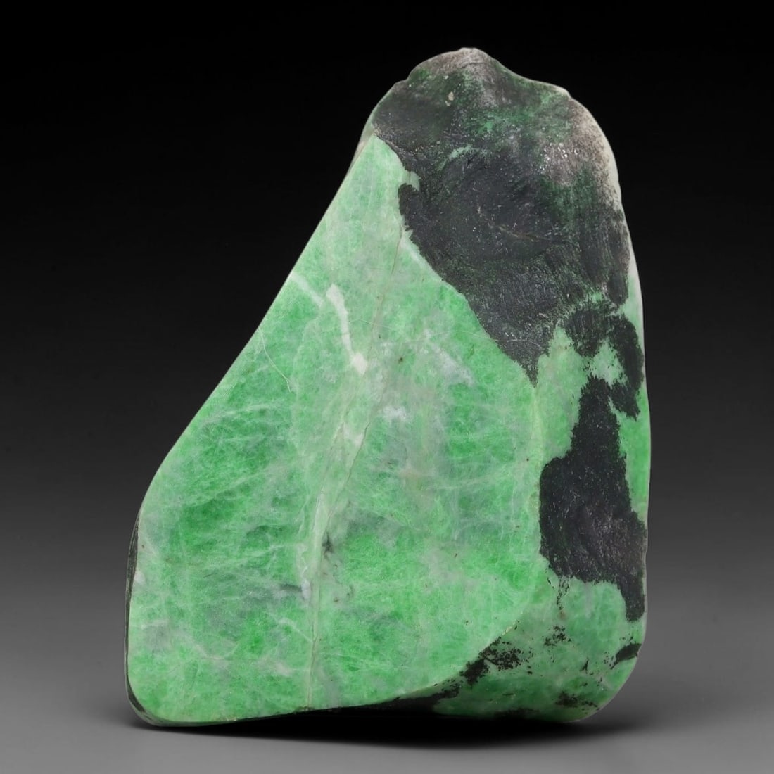 169ct Natural Type A Burmese Jadeite Jade Sliced Rough, 6YN: This specimen is a sliced rough block of natural Type A Burmese jadeite jade. The interior displays natural colour zoning with visible mineral veining and crystalline patterns typical of unprocessed j