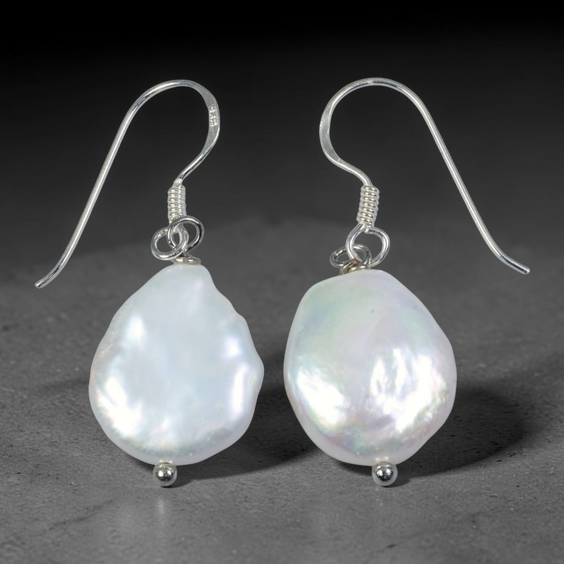 Natural Teardrop Keshi Baroque Pearl Drop Earrings, 2WS: Artisan handcrafted matching dangle earrings featuring organic freeform teardrop keshi baroque freshwater pearls, each measuring 14.9x6.3mm. Each pearl showcases smooth undulating natural nacre with l