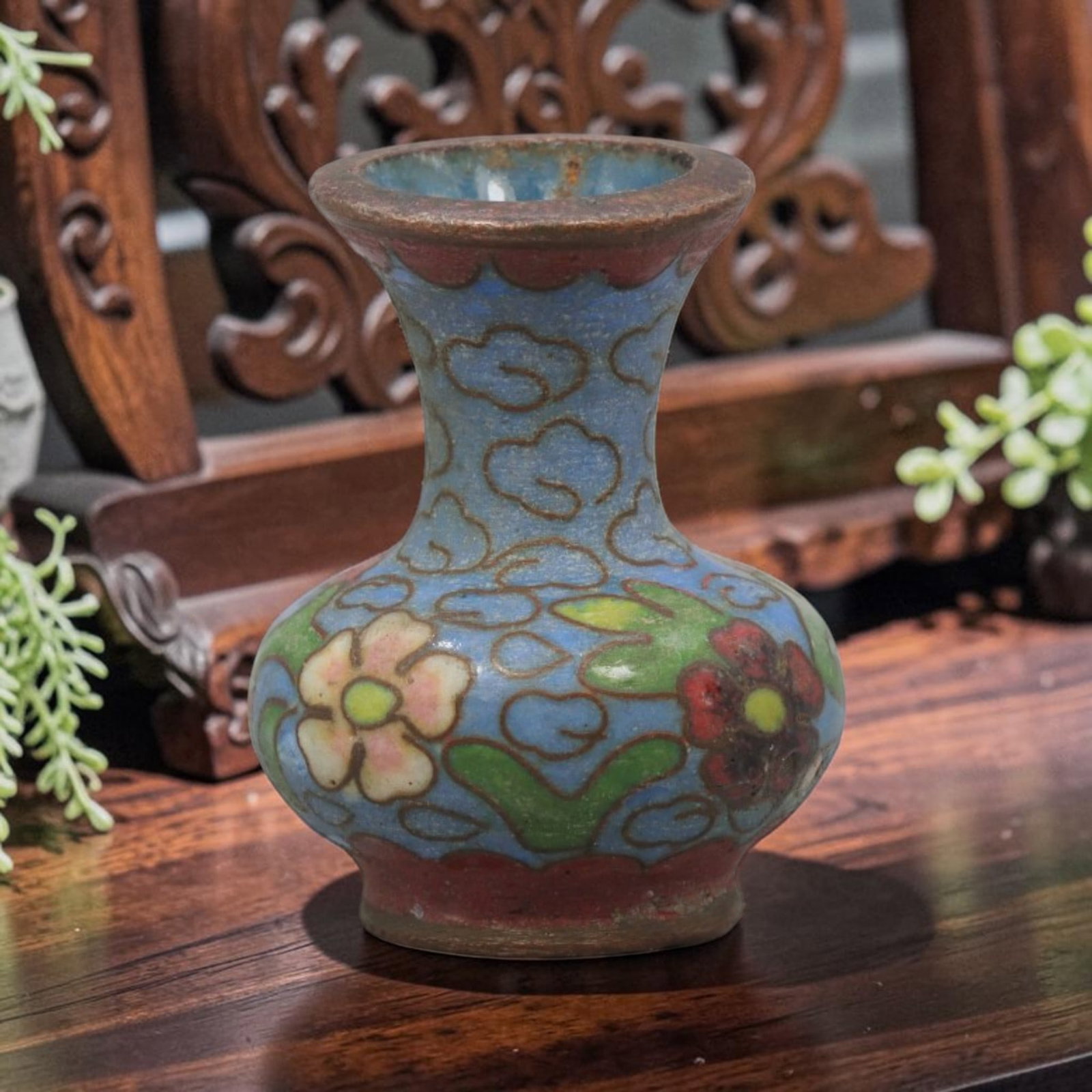 Vintage Chinese Copper Cloisonne Mini Vase - Floral Enamel Vessel, 6YF: Crafted from copper base metal with fine cloisonne wire filigree and hand-fired polychrome enamel glazes, this tiny miniature vase showcases traditional floral motifs across its exterior. Delicate pin