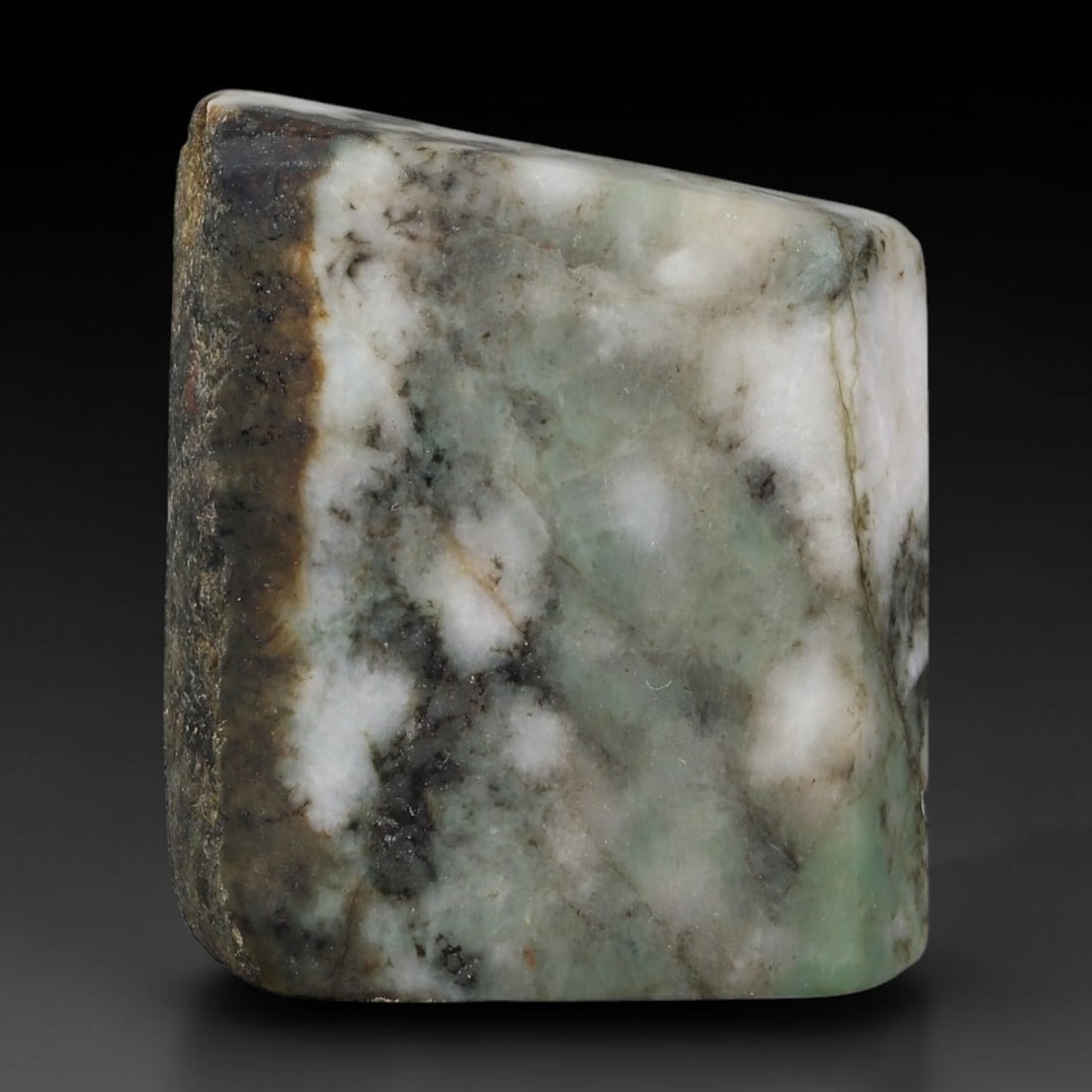 261ct Natural Type A Burmese Jadeite Jade Sliced Rough, 57YK: This specimen is a sliced rough block of natural Type A Burmese jadeite jade. The interior displays natural colour zoning with visible mineral veining and crystalline patterns typical of unprocessed j