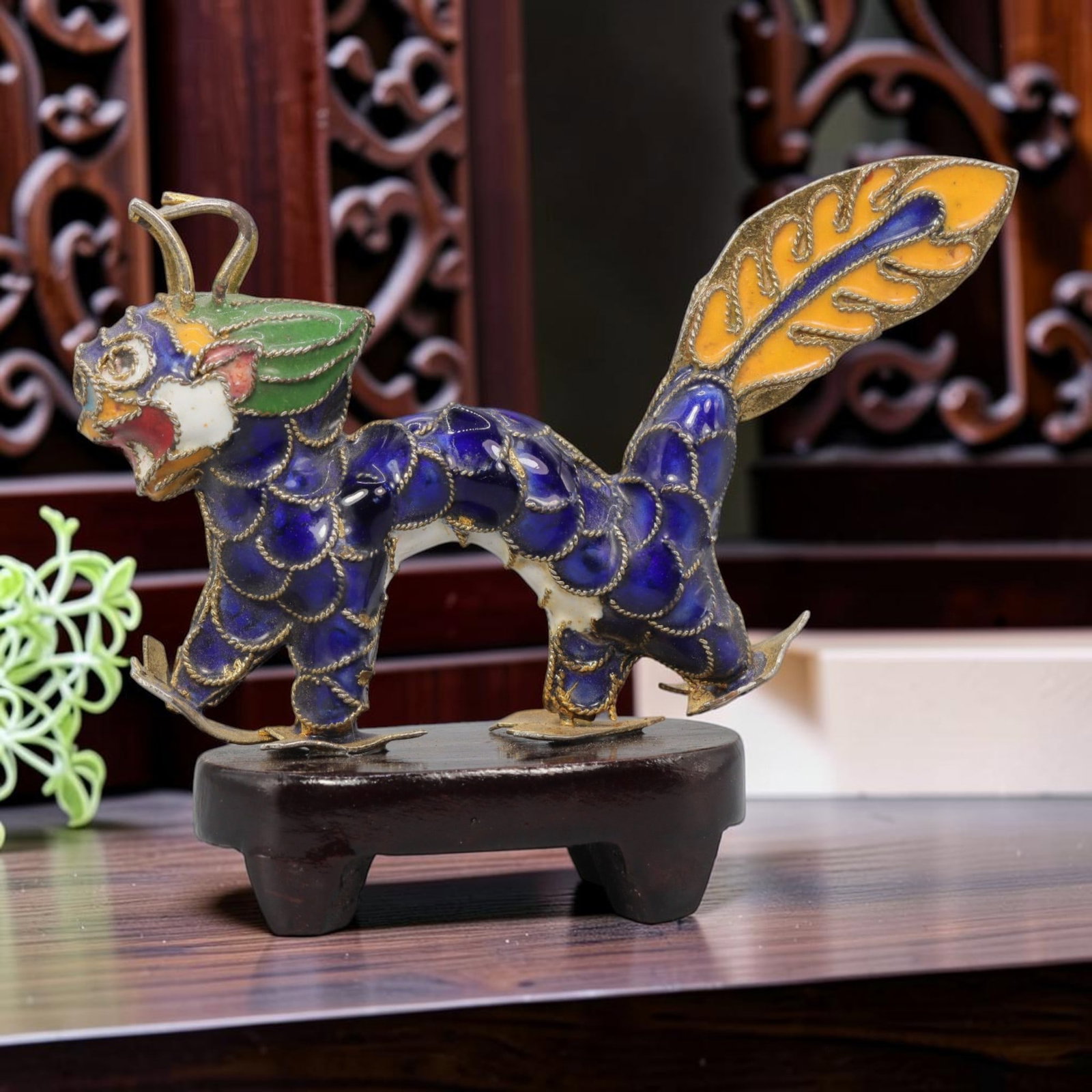 Vintage Chinese Copper Cloisonne Qilin Figurine - Enamel Mythical Beast Statue, 39YF: Crafted from copper base metal with fine cloisonne wire filigree and hand-fired polychrome enamel glazes, this striking miniature qilin figurine showcases traditional mythical beast detailing across i