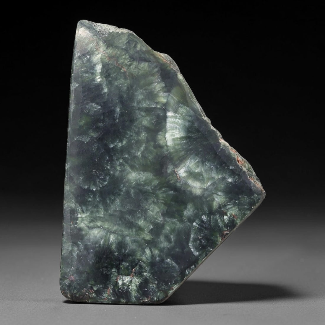 118ct Natural Siberian Seraphinite Polished Rough Slab, 24WV: This polished mineral slab is natural seraphinite originating from Siberian deposits, displaying characteristic radiating crystalline fibrous formations with layered deep forest and silvery green band