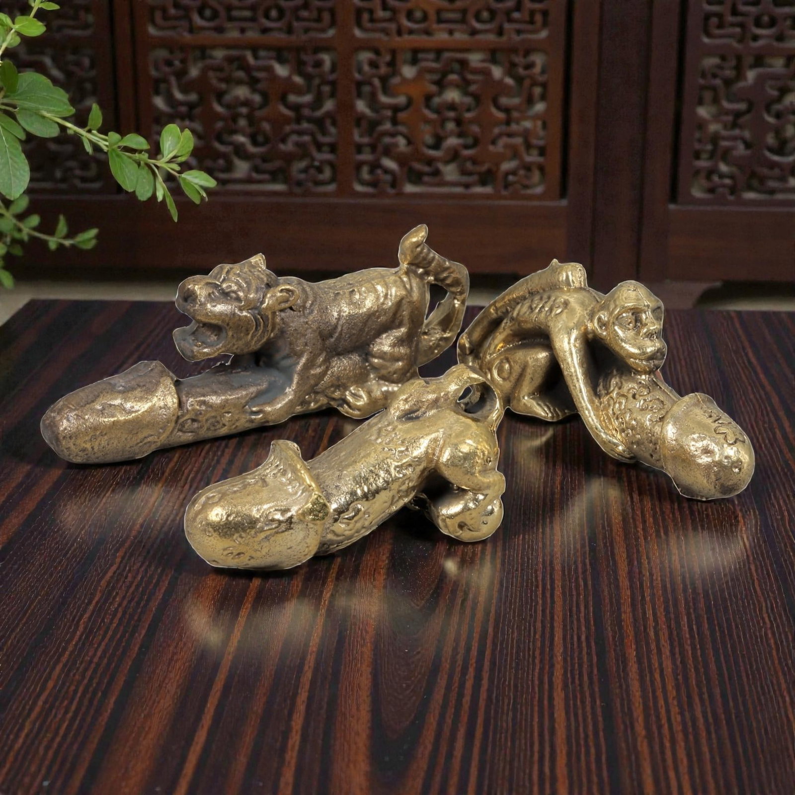 Thai Vintage Copper Alloy Phallic Animal Devotional Amulets - 3pcs Set, 73ZB: This set of three devotional amulets is crafted from copper alloy, exhibiting a warm golden patina and subtle surface wear consistent with vintage Thai folk religious objects. Each piece combines phal