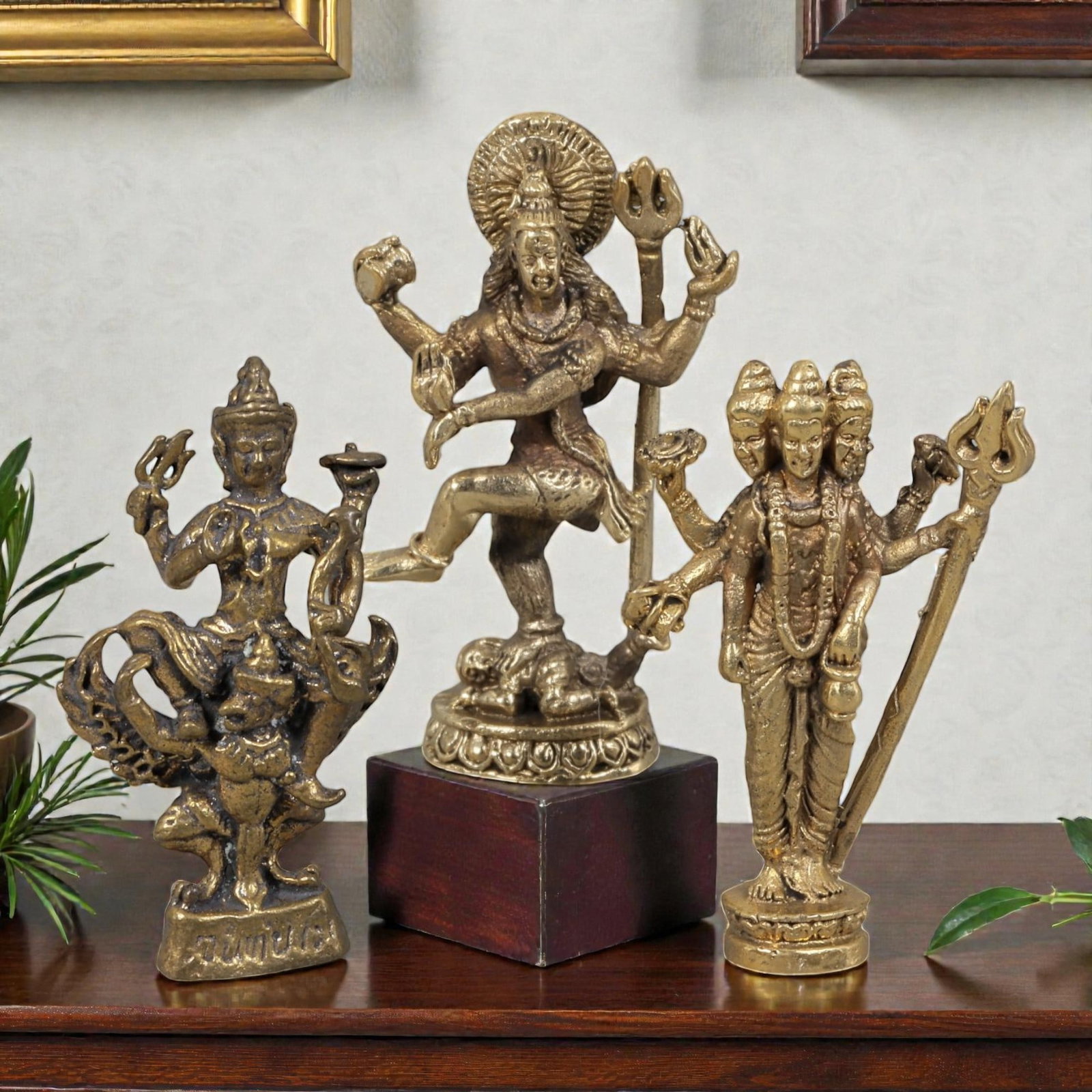Thai Vintage Copper Alloy Hindu Deity Devotional Figures - 3pcs Set, 99ZB: This set of three devotional figures is crafted from copper alloy, exhibiting a warm aged patina and fine surface wear consistent with vintage Thai folk religious art. The pieces depict distinct Hindu