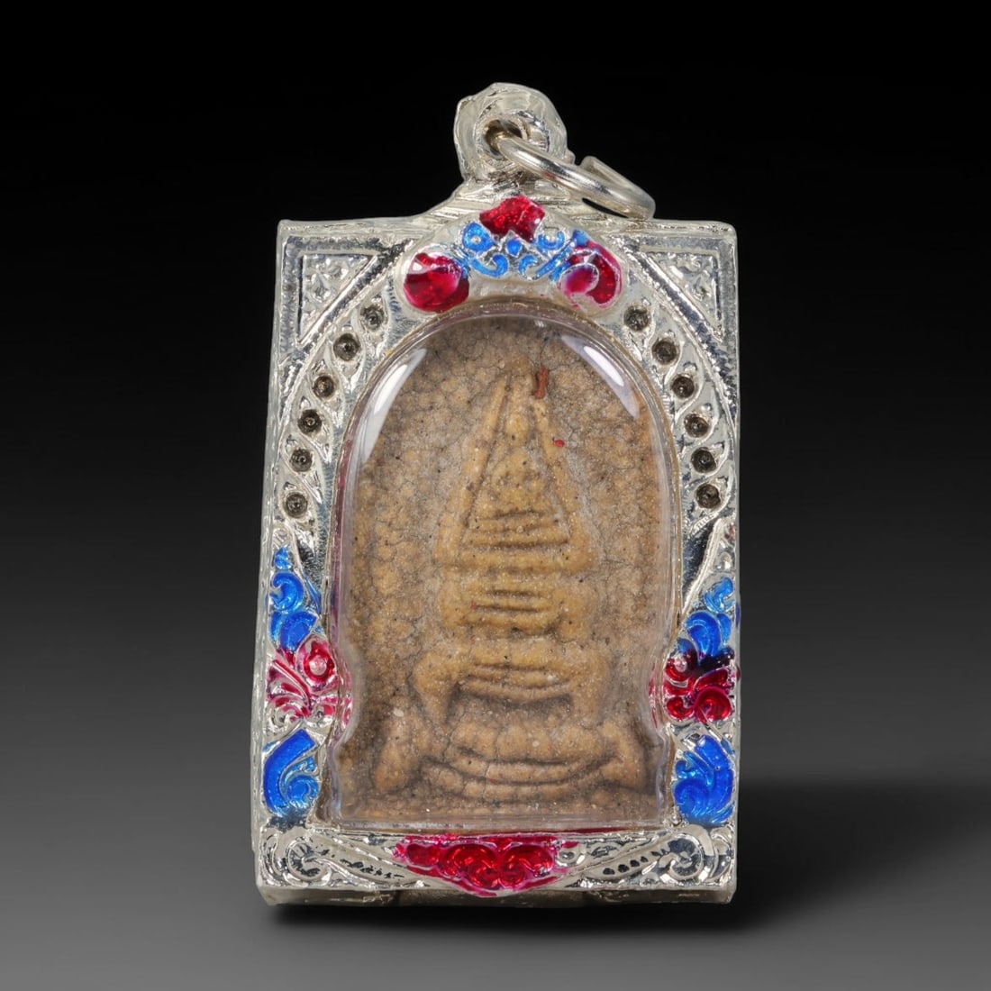 Thai Gilded Clay Metal Amulet Buddhist Votive Pendant, 34ZB: Formed from fired clay with subtle gilded finishing, the artifact uses traditional molded crafting techniques widely seen in Southeast Asian devotional craftwork. Its rectangular shape conforms to sta
