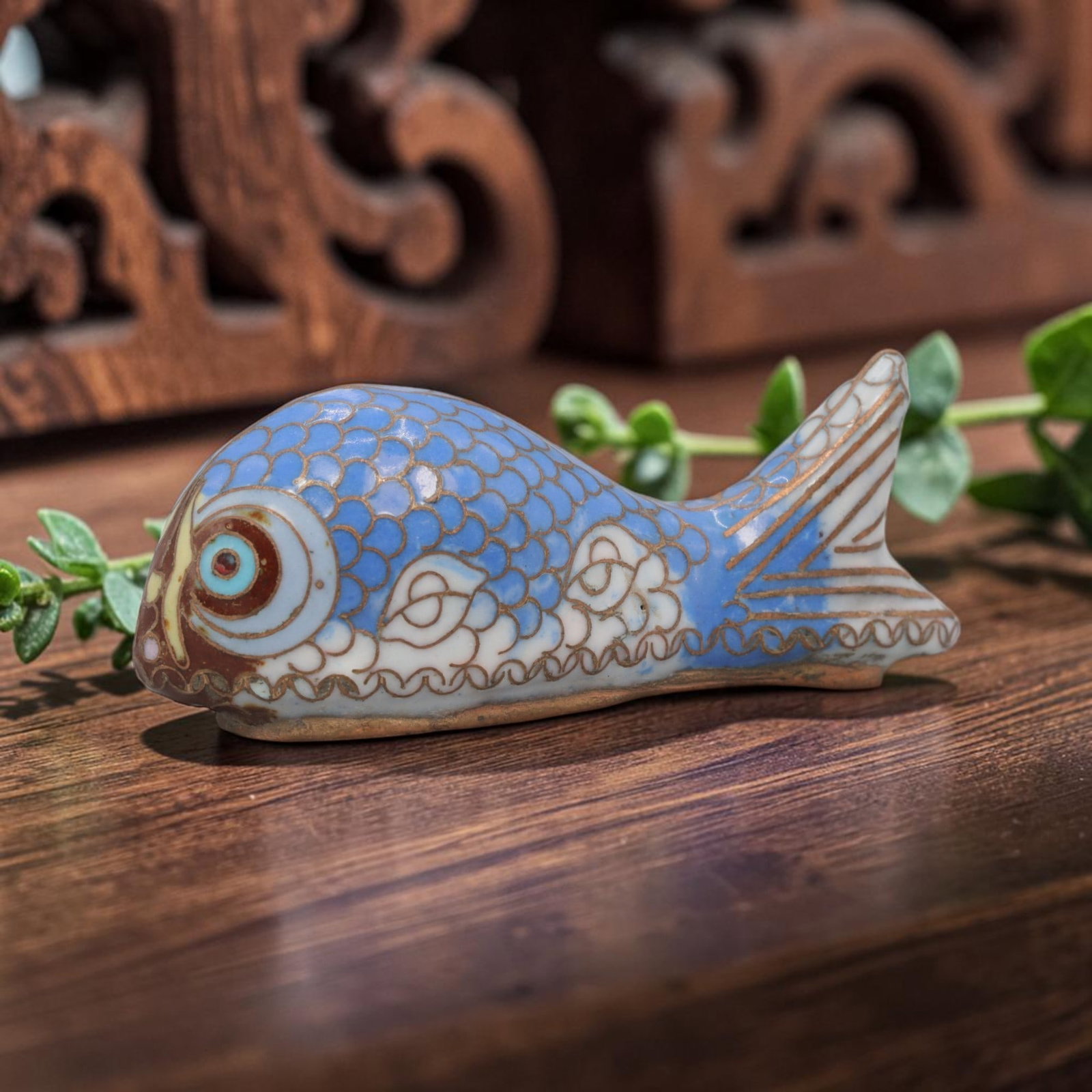 Vintage Chinese Copper Cloisonne Fish Figurine - Enamel Animal Statue, 34YF: Crafted from copper base metal with fine cloisonne wire filigree and hand-fired polychrome enamel glazes, this whimsical miniature fish figurine features vibrant blue enamel scales defined by copper-t