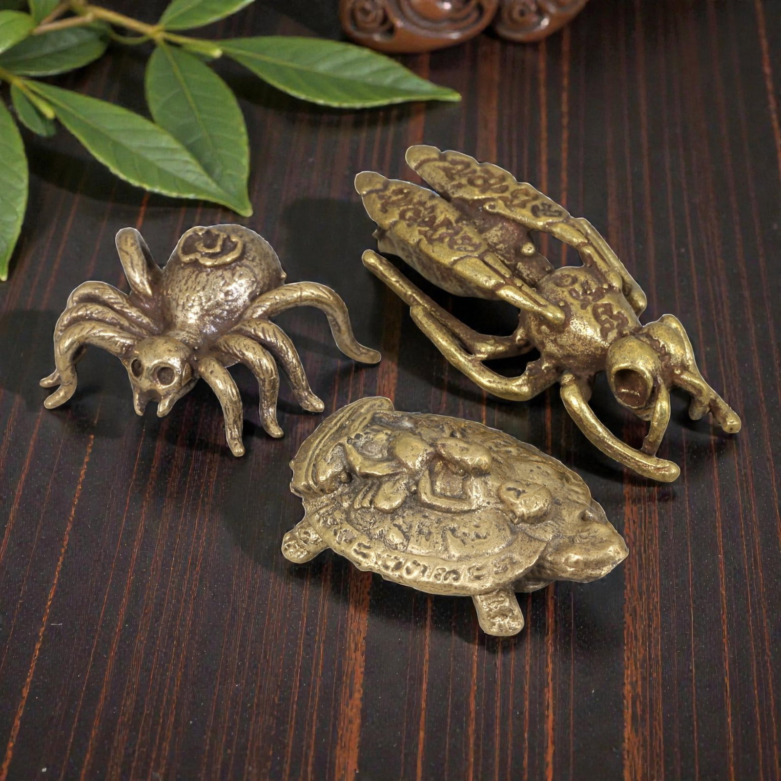 Thai Vintage Copper Alloy Insect & Turtle Devotional Amulets - 3pcs Set, 82ZB: This set of three devotional amulets is crafted from copper alloy, exhibiting a warm golden patina and subtle surface wear consistent with vintage Thai folk religious objects. The pieces depict styliz