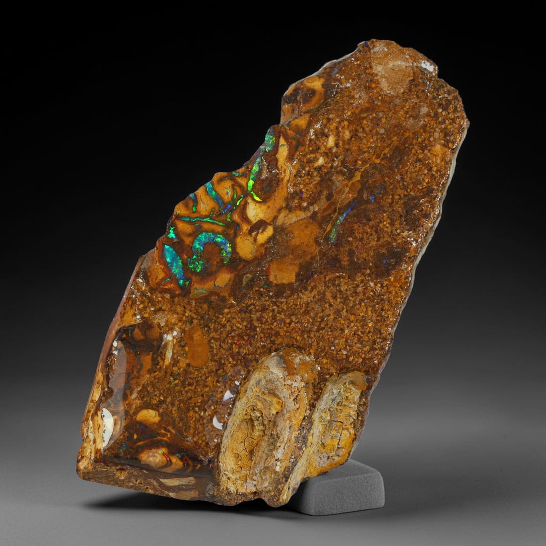 59.40ct Natural Australian Queensland Boulder Opal Sliced Slab Cutting Rough, 66YP: Natural sliced slab rough of Queensland boulder opal cutting grade, featuring rich color ironstone matrix with patterns. The face clearly reveals extensive opal veining and pocket formations running t