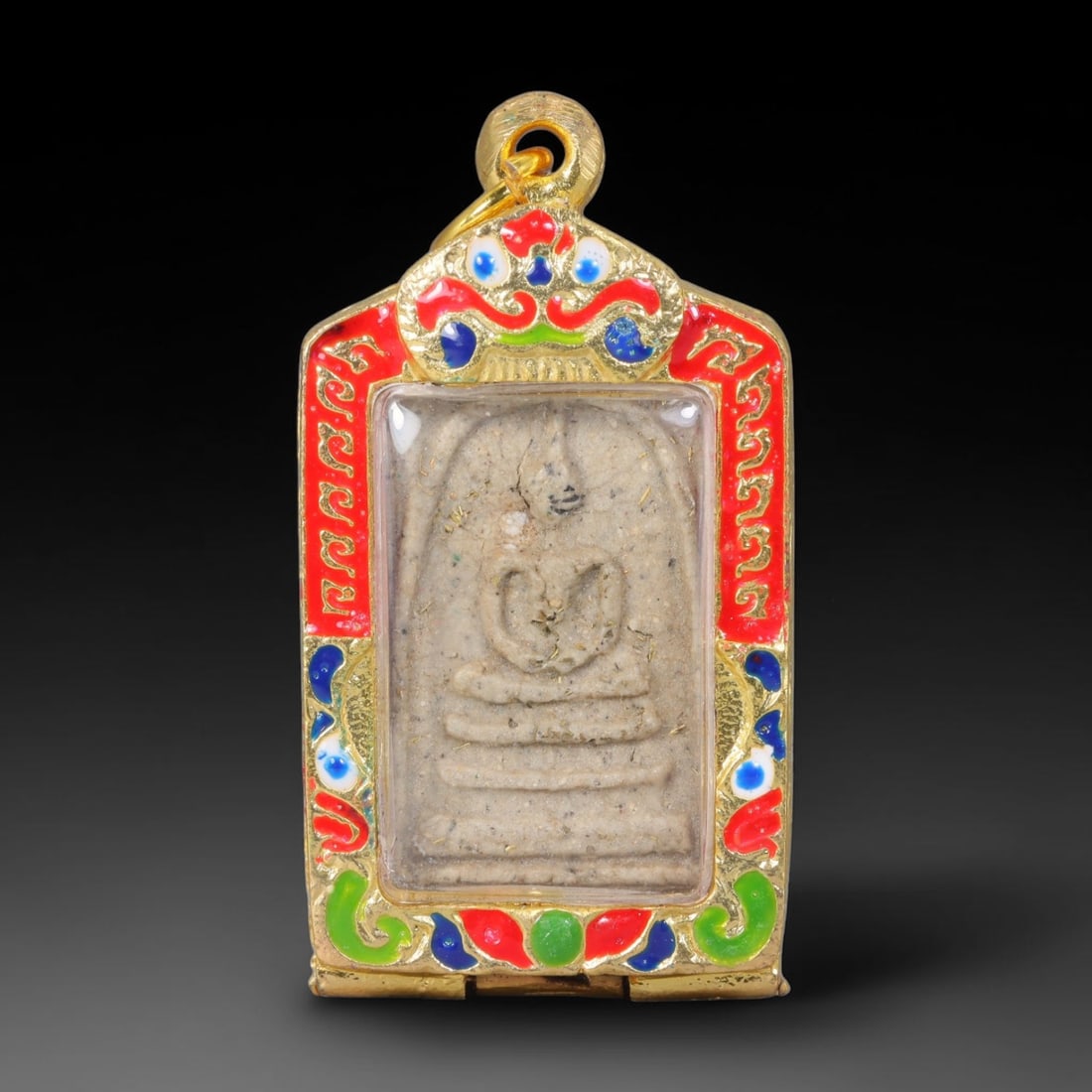 Thai Gilded Clay Metal Amulet Buddhist Votive Pendant, 15ZB: Constructed from fired clay with light gilded finishing layers, the piece uses traditional molded crafting techniques typical of Southeast Asian devotional artifacts. Its rectangular form follows stan