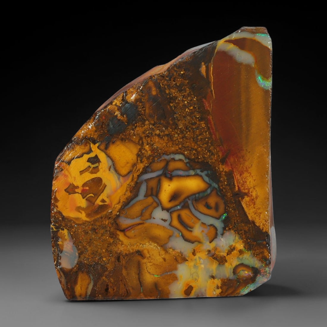 32.73ct Natural Australian Queensland Boulder Opal Sliced Slab Cutting Rough, 89YL: Natural sliced slab rough of Queensland boulder opal cutting grade, featuring rich color ironstone matrix with patterns. The face clearly reveals extensive opal veining and pocket formations running t
