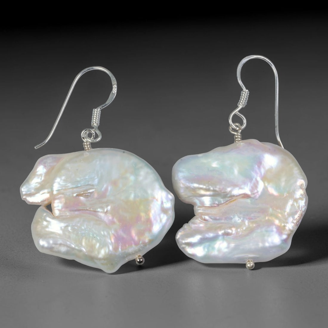 Natural Freeform Petal Keshi Baroque Pearl Drop Earrings, 37WE: Artisan handcrafted matching dangle earrings featuring large abstract freeform keshi baroque freshwater pearls with organic folded petal silhouettes. Each pearl carries naturally wrinkled, rippled nac