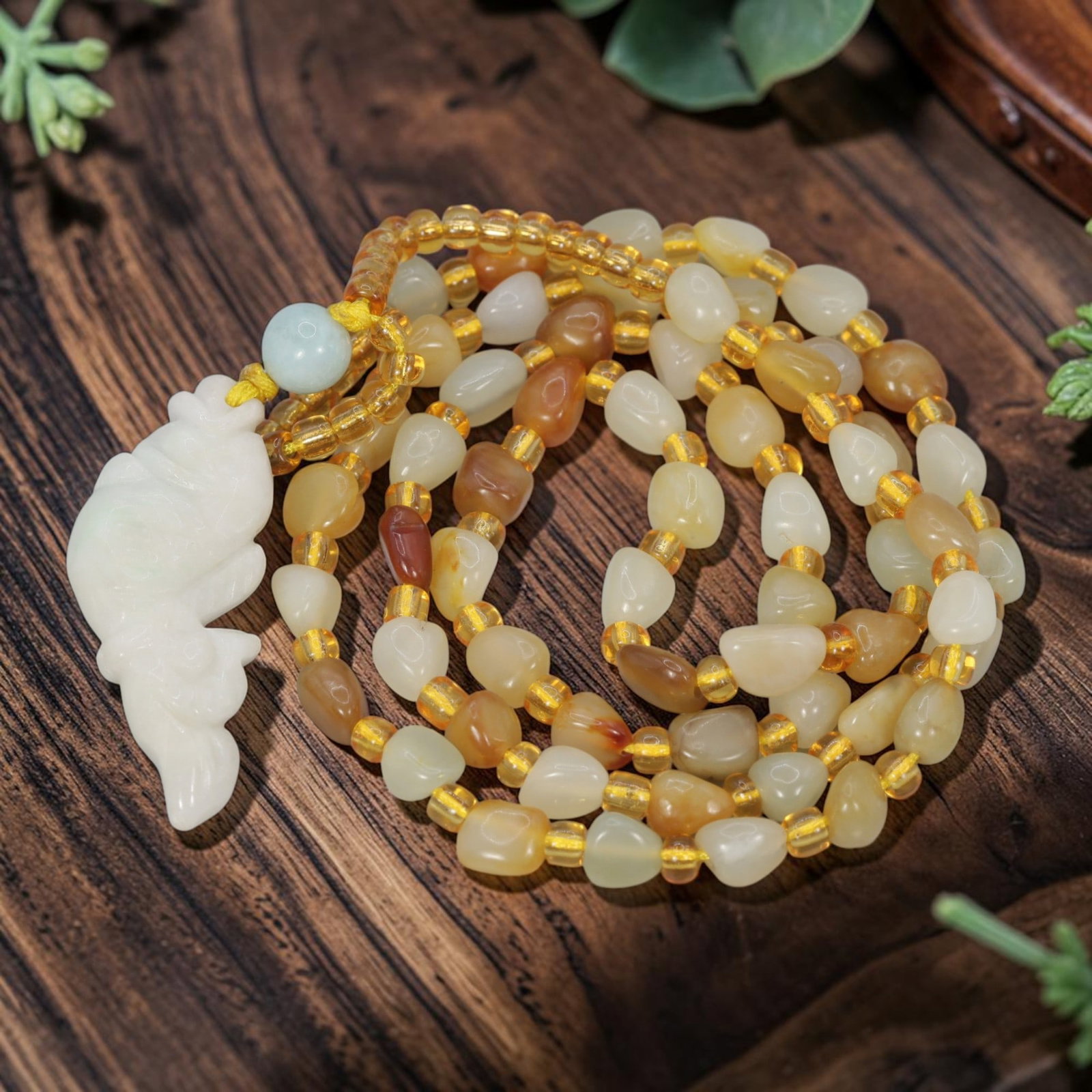 Natural Xinjiang Hetian Jade Necklace - Chinese Jade Fish Pendant, 77YJ: This necklace features a natural jade fish pendant paired with matching Xinjiang Hetian jade pebble beads, accented with translucent yellow spacer beads and a light blue accent bead. The pendant is ca