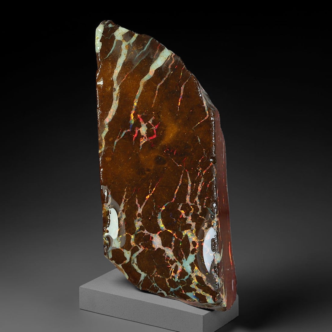 13.98ct Natural Australian Queensland Boulder Opal Sliced Slab Cutting Rough, 82YP: Natural sliced slab rough of Queensland boulder opal cutting grade, featuring rich color ironstone matrix with patterns. The face clearly reveals extensive opal veining and pocket formations running t