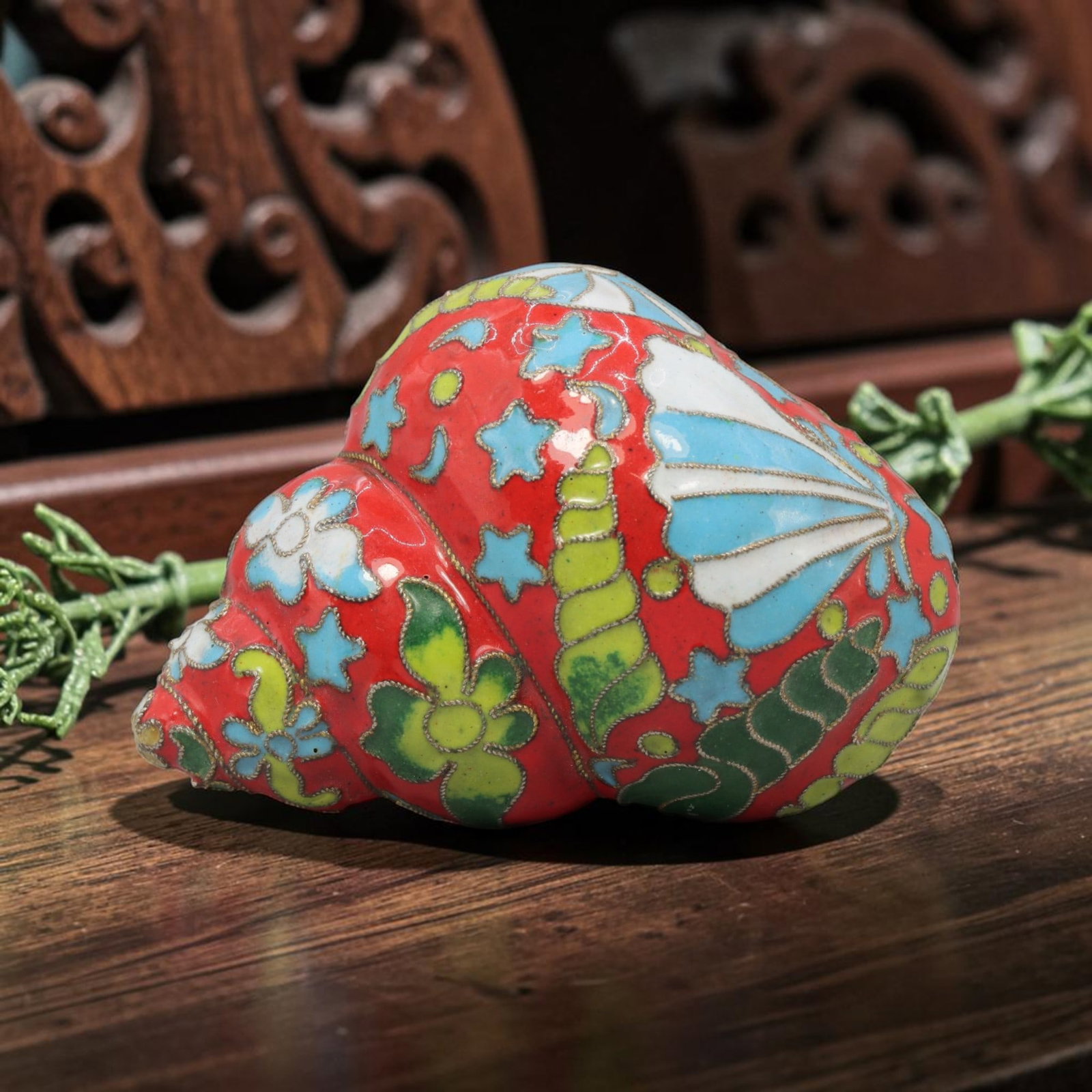 Vintage Chinese Copper Cloisonne Conch Figurine - Enamel Seashell Statue, 43YF: Crafted from copper base metal with fine cloisonne wire filigree and hand-fired polychrome enamel glazes, this whimsical conch-shaped vessel features a vibrant red enamel ground adorned with playful o
