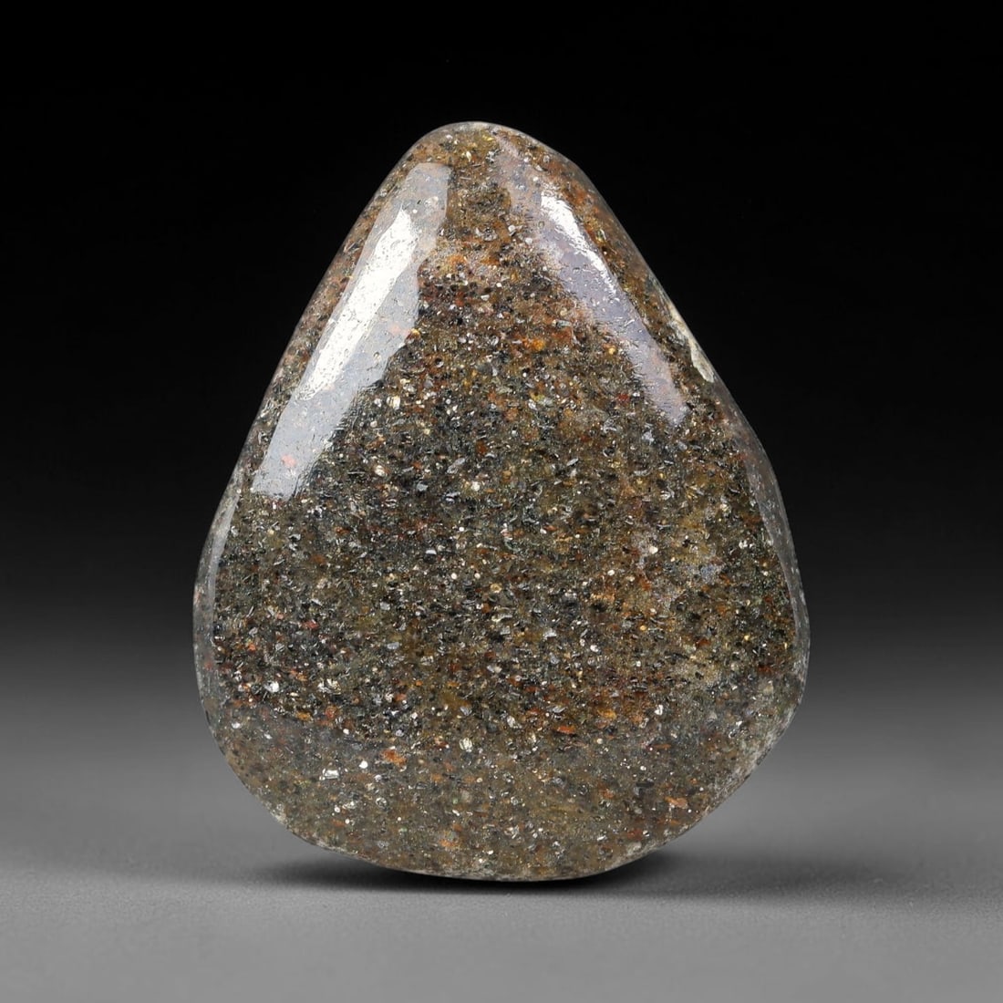28.50 Carats Natural Dark Speckled Matrix Teardrop Pear Cabochon Loose Gemstone, 25XV: Large natural dark matrix pear teardrop cabochon with a fully polished high-gloss domed surface, densely packed with shimmering metallic mineral flecks in silver, bronze, rust orange and subtle olive 
