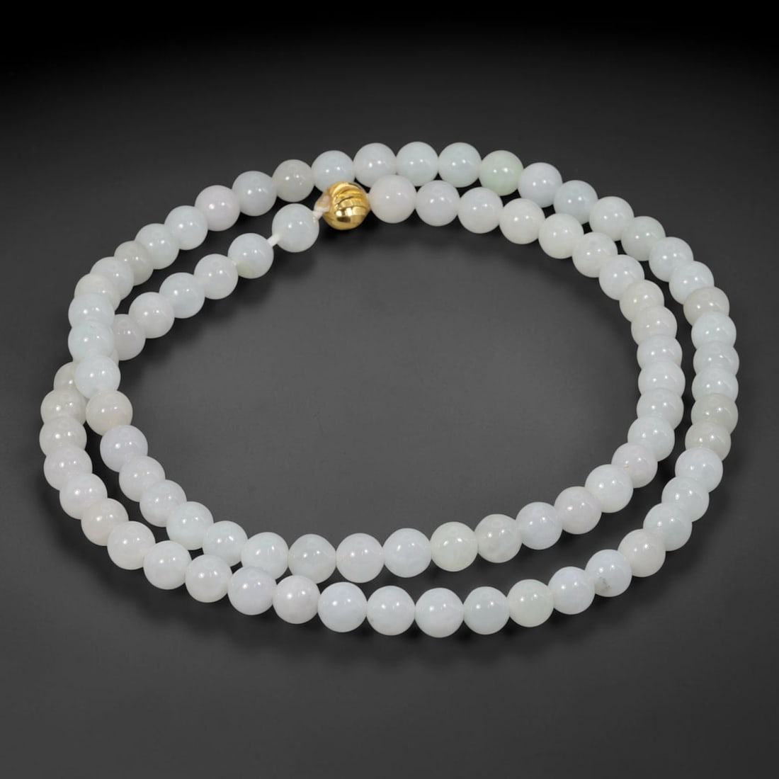 Natural Burmese Type A Pure White Jadeite Jade Beaded Necklace, 6WY: Crafted from natural untreated Burmese Type A jadeite, each spherical bead presents a uniform pale white mineral composition formed by natural geological crystallization, finished with consistent lapi