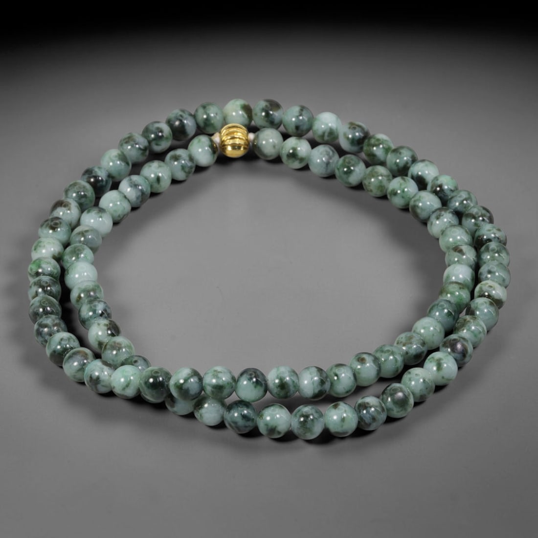 Natural Burmese Type A Floating Flower Jadeite Jade Beaded Necklace, 17WY: Formed from untreated Burmese Type A jadeite material, each spherical bead carries naturally formed floating mineral inclusions scattered evenly throughout the stone structure, finished with refined u