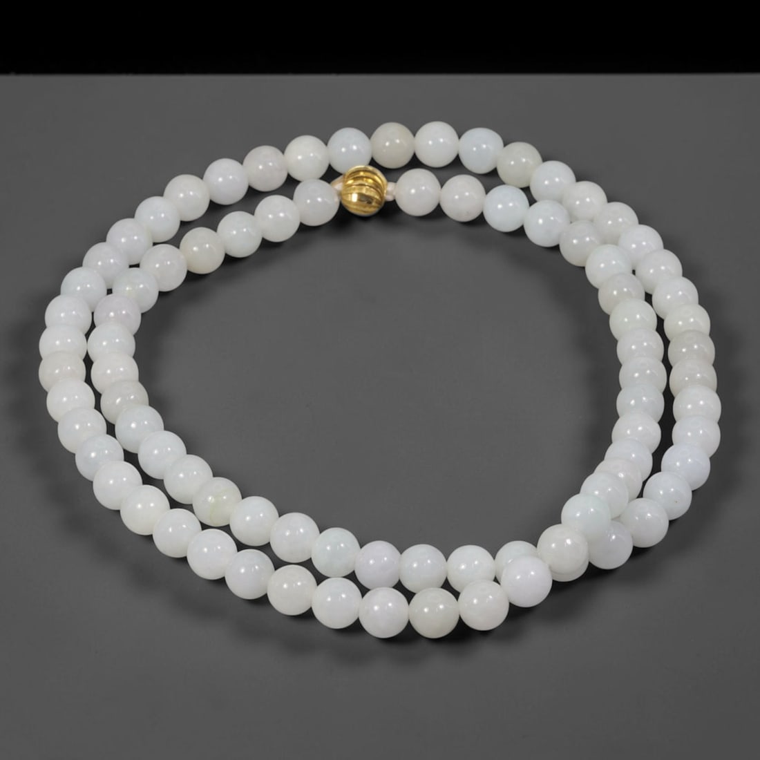 Natural Burmese Type A Pure White Jadeite Jade Beaded Necklace, 10WY: Crafted from natural untreated Burmese Type A jadeite, each spherical bead presents a uniform pale white mineral composition formed by natural geological crystallization, finished with consistent lapi