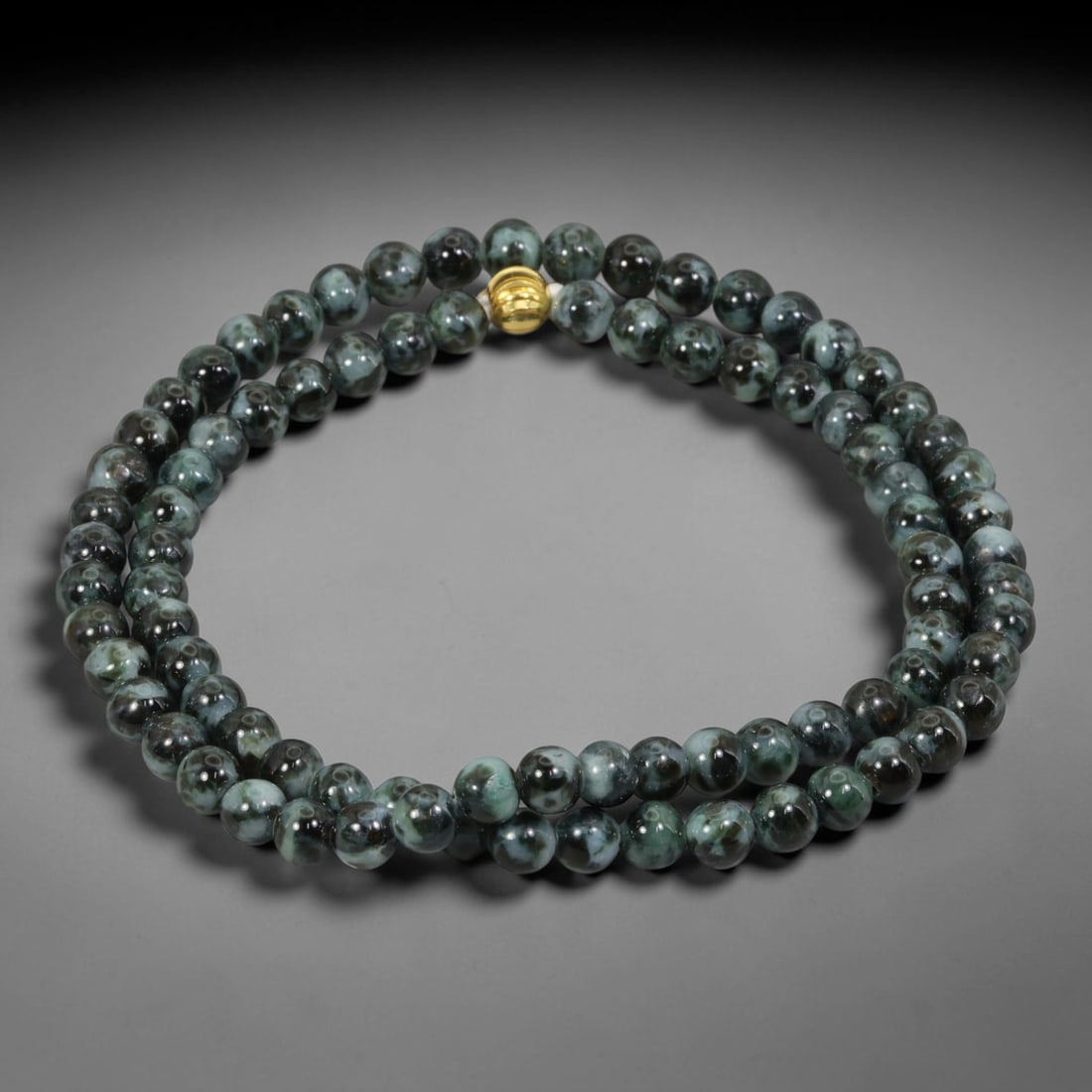 Natural Burmese Type A Ink Black Floating Jadeite Jade Beaded Necklace, 33WY: Fabricated from genuine Burmese Type A jadeite featuring natural ink black floating mineral tones distributed organically within the stone matrix, each bead receives uniform lapidary polishing for a s