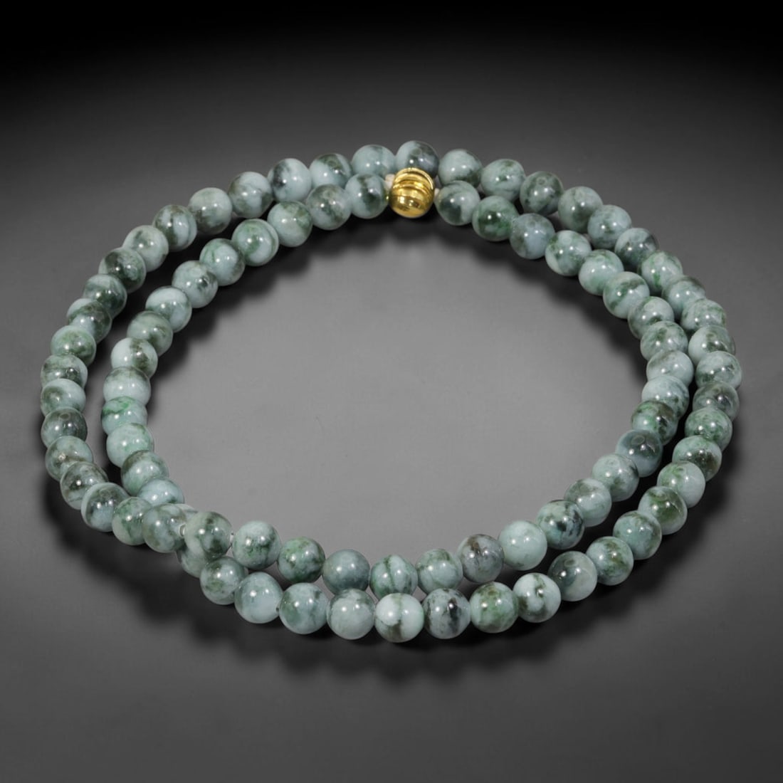 Natural Burmese Type A Floating Flower Jadeite Jade Beaded Necklace, 22WY: Formed from untreated Burmese Type A jadeite material, each spherical bead carries naturally formed floating mineral inclusions scattered evenly throughout the stone structure, finished with refined u