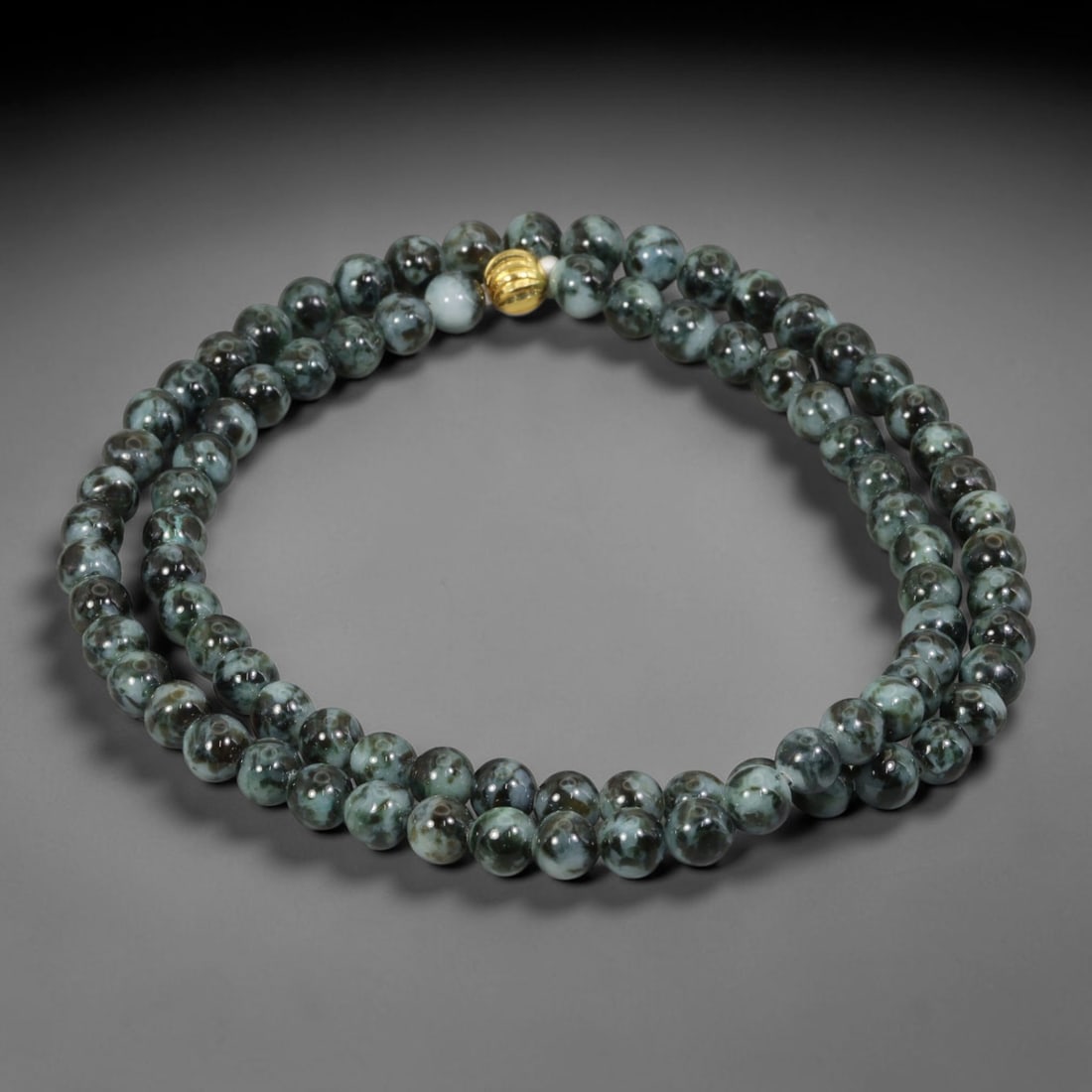 Natural Burmese Type A Ink Black Floating Jadeite Jade Beaded Necklace, 26WY: Fabricated from genuine Burmese Type A jadeite featuring natural ink black floating mineral tones distributed organically within the stone matrix, each bead receives uniform lapidary polishing for a s