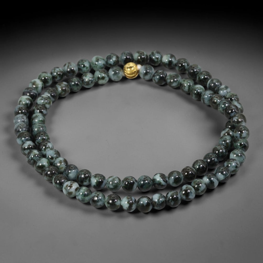 Natural Burmese Type A Ink Black Floating Jadeite Jade Beaded Necklace, 28WY: Fabricated from genuine Burmese Type A jadeite featuring natural ink black floating mineral tones distributed organically within the stone matrix, each bead receives uniform lapidary polishing for a s