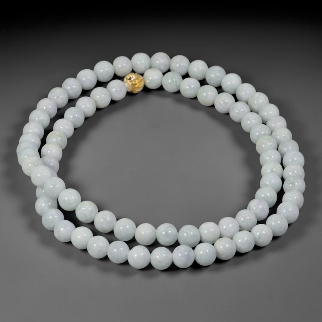 Natural Burmese Type A Pale Lavender Jadeite Jade Beaded Necklace, 1WY: This necklace strand is fashioned from authentic untreated Burmese Type A jadeite material, each spherical bead holding soft pale lavender tonal hues naturally formed during the stone's geological dev