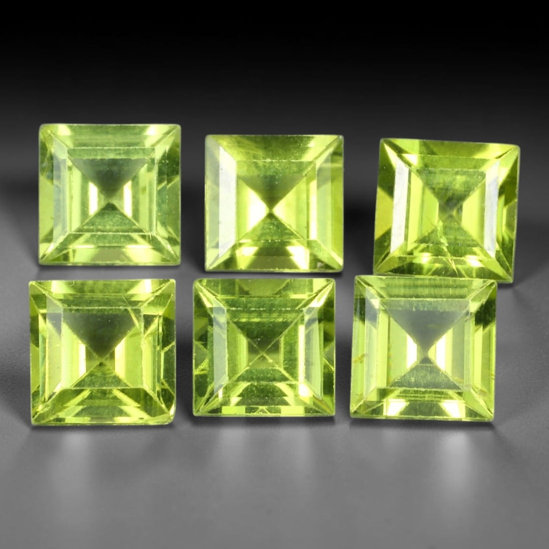 7.33ct Natural Peridot Square Faceted Parcel Loose Gemstone, 98XX: Matching parcel of hand faceted natural peridot gemstones featuring vibrant consistent lime-green body tone with subtle natural internal mineral characteristics visible throughout each stone. Every ge