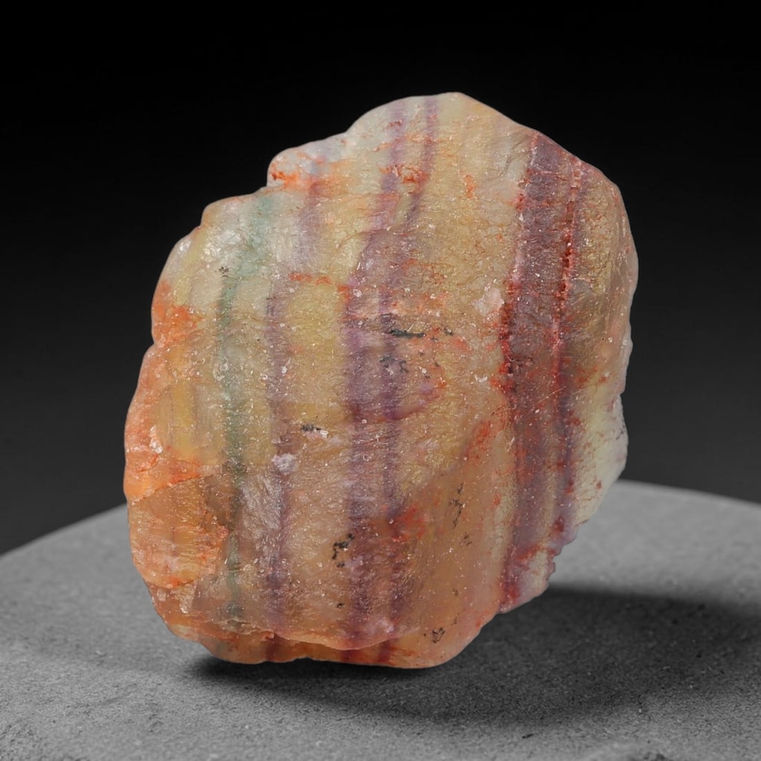 63.73 Carats Natural Rainbow Banded Fluorite Raw Rough Chunk, 100YR: This genuine natural fluorite rough features stunning curved layered bands of green, golden yellow and soft lavender-purple formed through natural hydrothermal crystal growth. One side retains raw unp