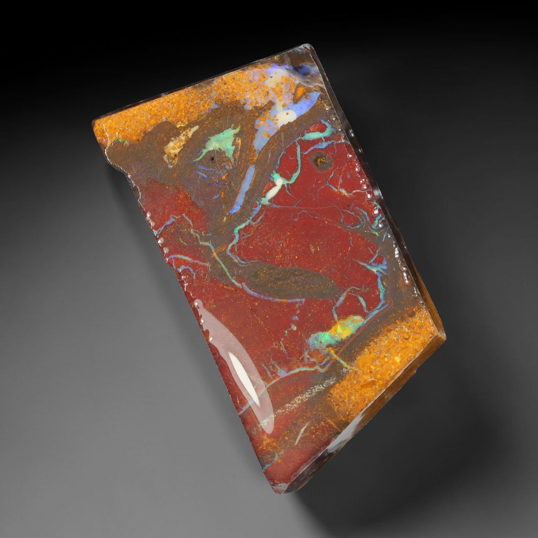 78.82ct Natural Australian Queensland Boulder Opal Sliced Slab Cutting Rough, 68YL: Natural sliced slab rough of Queensland boulder opal cutting grade, featuring rich color ironstone matrix with patterns. The face clearly reveals extensive opal veining and pocket formations running t