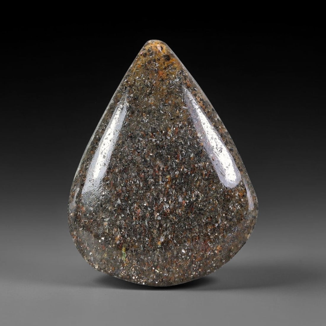 12.28 Carats Natural Black Matrix Speckled Teardrop Cabochon Loose Gemstone, 24XV: Natural dark speckled matrix teardrop pear cabochon loose gemstone, fully polished smooth domed surface densely scattered with shimmering multi-tonal mineral flecks of bronze, silver, amber and faint 