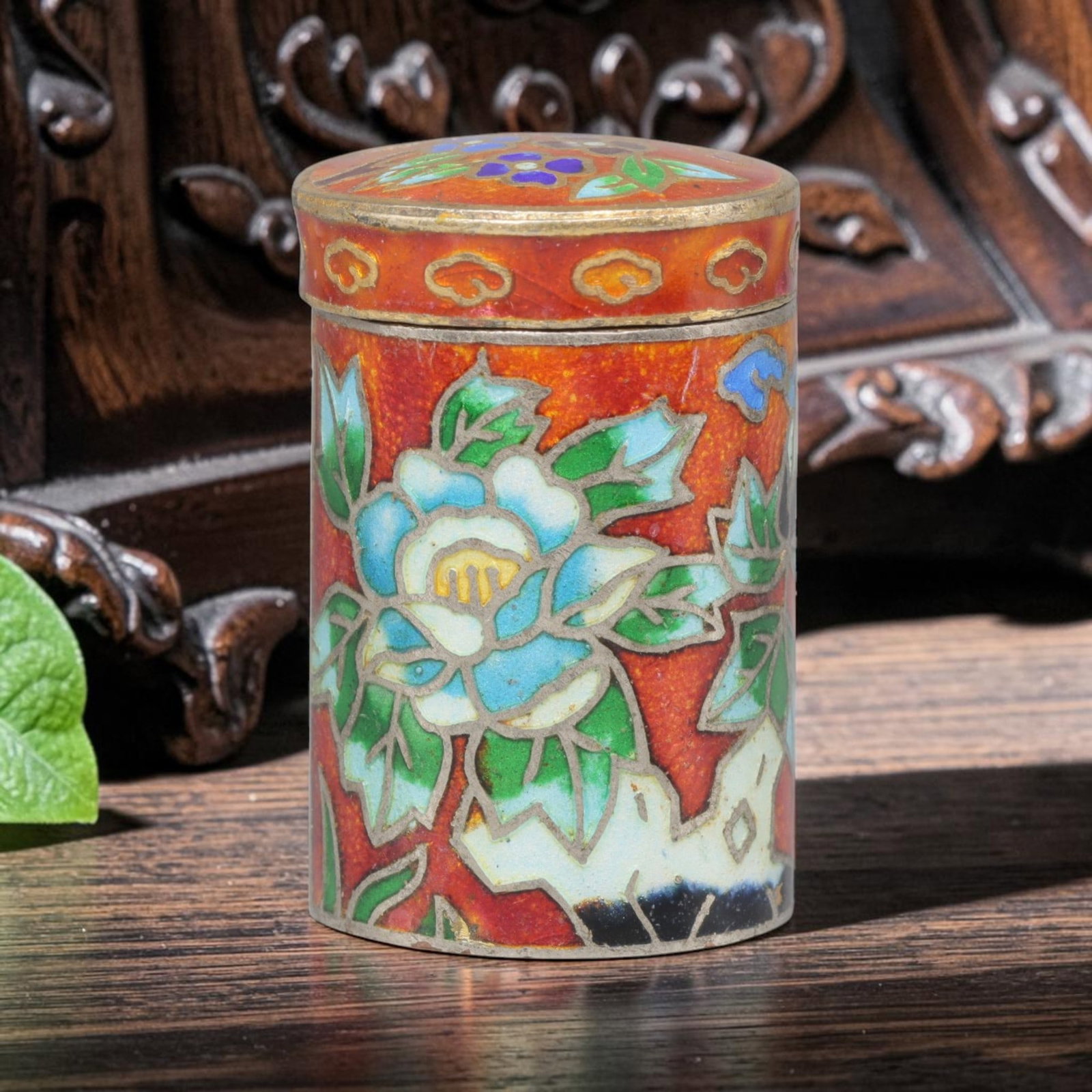 Vintage Chinese Copper Cloisonne Trinket Box - Floral Enamel Casket, 15YF: Crafted from copper base metal with fine cloisonne wire filigree and hand-fired polychrome enamel glazes, this cylindrical hinged miniature casket showcases traditional floral motifs across its exteri