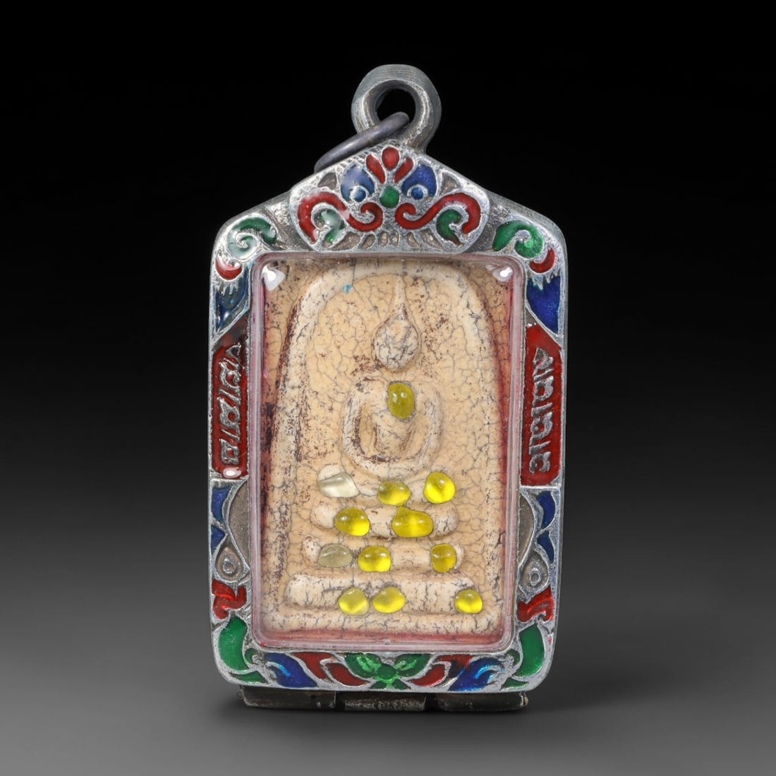 Thai Gilded Clay Metal Amulet Buddhist Votive Pendant, 38ZB: Formed from fired clay with applied gilded surface layers, the piece uses traditional molding techniques characteristic of Southeast Asian devotional craft. The construction adheres to standard region