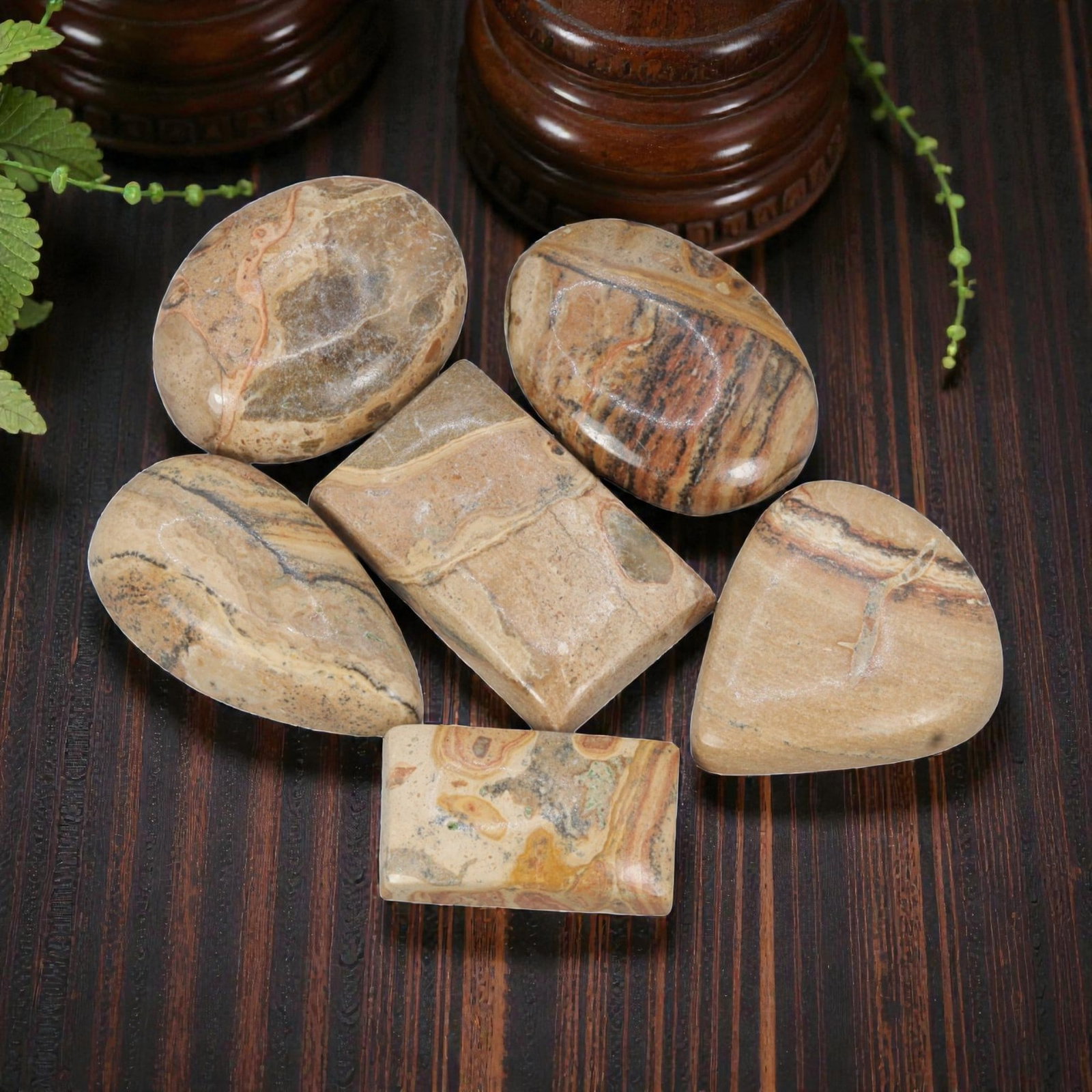 231.40 Carats Natural Picture Jasper Cabochon Parcel (6 Pieces), 96ZN: This curated set of 6 polished picture jasper cabochons showcases stunning natural landscapes etched in stone. The warm, earthy palette features sandy beiges, soft tans, and rusty oranges, with dramat