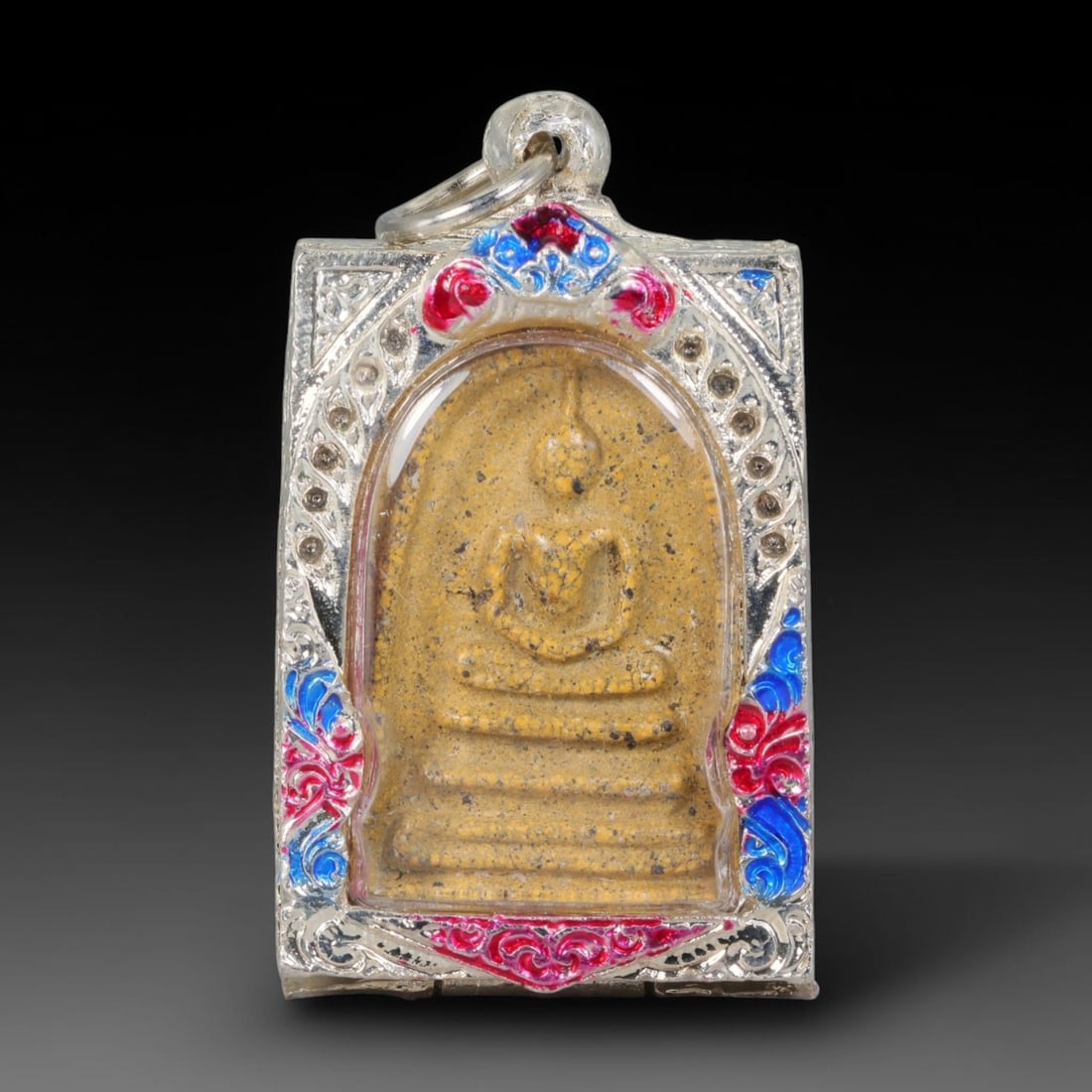 Thai Gilded Clay Metal Amulet Buddhist Votive Pendant, 33ZB: Formed from fired clay with subtle gilded finishing, the artifact uses traditional molded crafting techniques widely seen in Southeast Asian devotional craftwork. Its rectangular shape conforms to sta