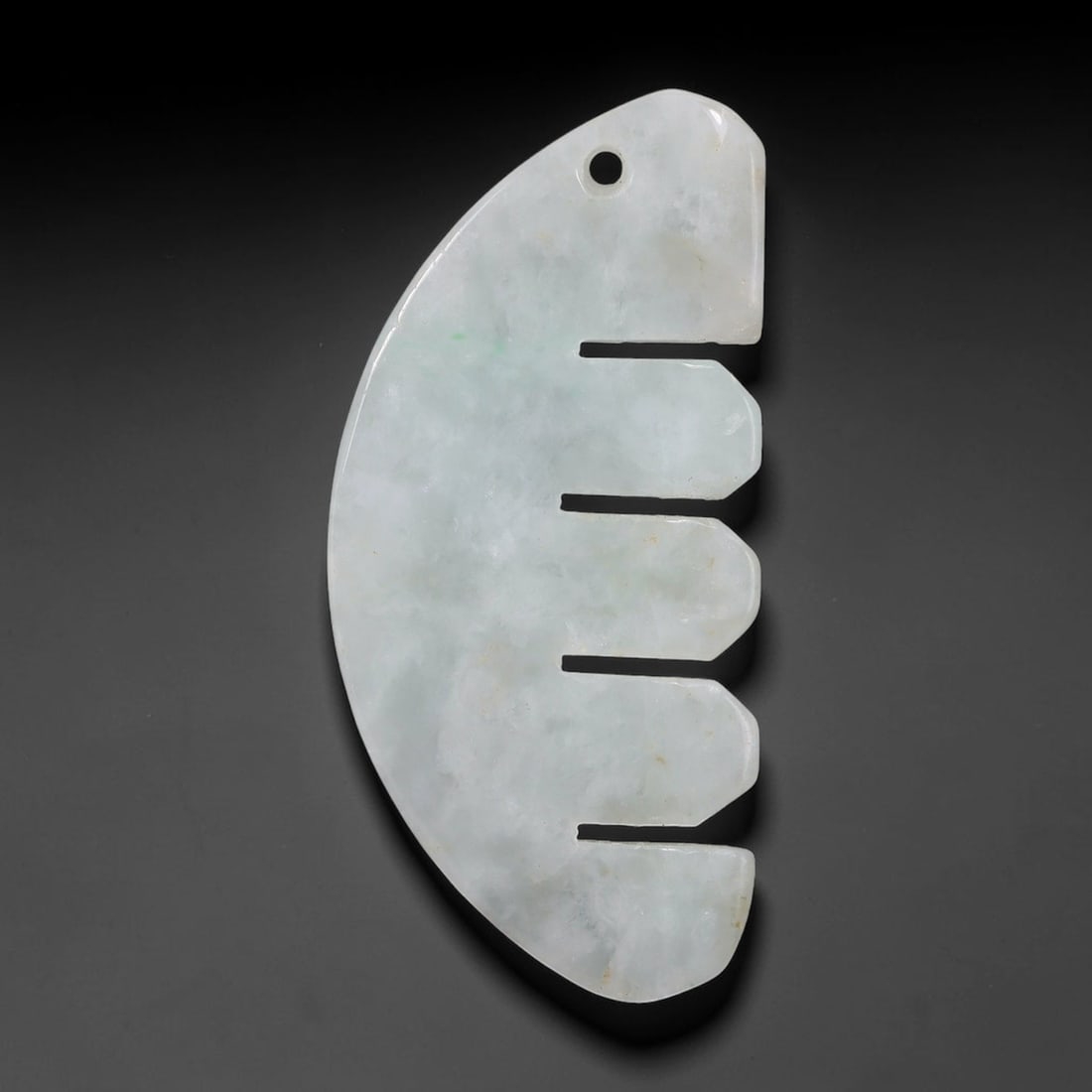 79.96ct Natural Burmese Type A Jadeite Jade Carved Crescent Comb Pendant, 77XZ: Exquisitely hand-carved crescent comb pendant crafted from authentic untreated Burmese Type A jadeite jade, presenting soft milky pale icy white base with subtle faint mint green natural mineral fleck