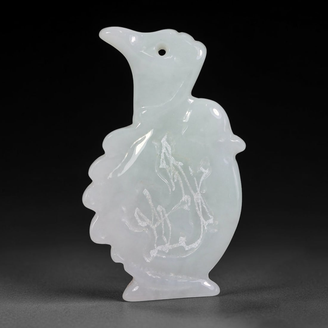 31.75ct Natural Burmese Type A Jadeite Jade Carved Phoenix Pendant, 75XZ: Handcrafted silhouette phoenix pendant carved from genuine untreated Burmese Type A jadeite jade, featuring soft pale milky icy white tone with subtle natural faint internal mineral mottling across th