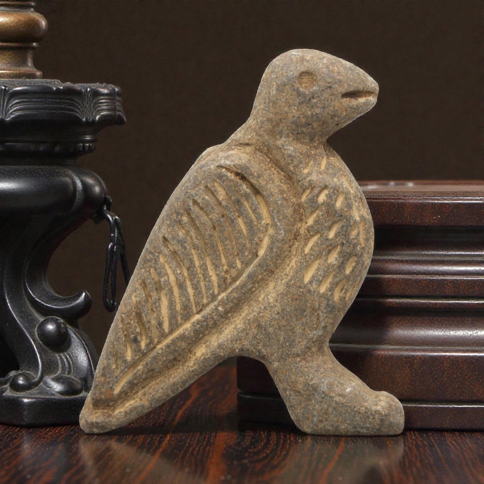 Ancient Stone Vulture Effigy Amulet - Near Eastern Zoomorphic Protective Figurine, 21ZR: This artifact is a carved stone vulture effigy amulet, executed in the stylized zoomorphic tradition of the ancient Near East. The amulet depicts a standing vulture with simplified anatomical features