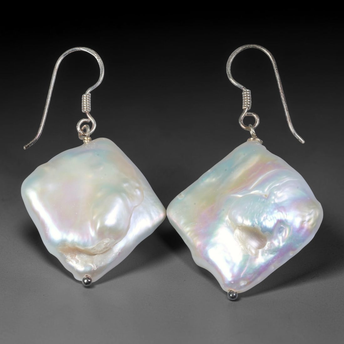 Natural Square Baroque Keshi Pearl Drop Earrings, 39WE: Handcrafted matching dangle earrings featuring unique square-shaped freeform keshi baroque freshwater pearls. Each pearl carries naturally undulating organic nacre textures, glowing with luminous crea