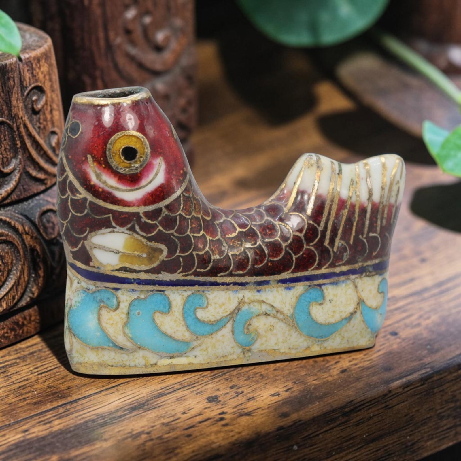 Vintage Chinese Copper Cloisonne Fish Vase - Enamel Animal Form Vessel, 35YF: Crafted from copper base metal with fine cloisonne wire filigree and hand-fired polychrome enamel glazes, this whimsical fish-shaped miniature vase features a rich burgundy enamel body with scale deta