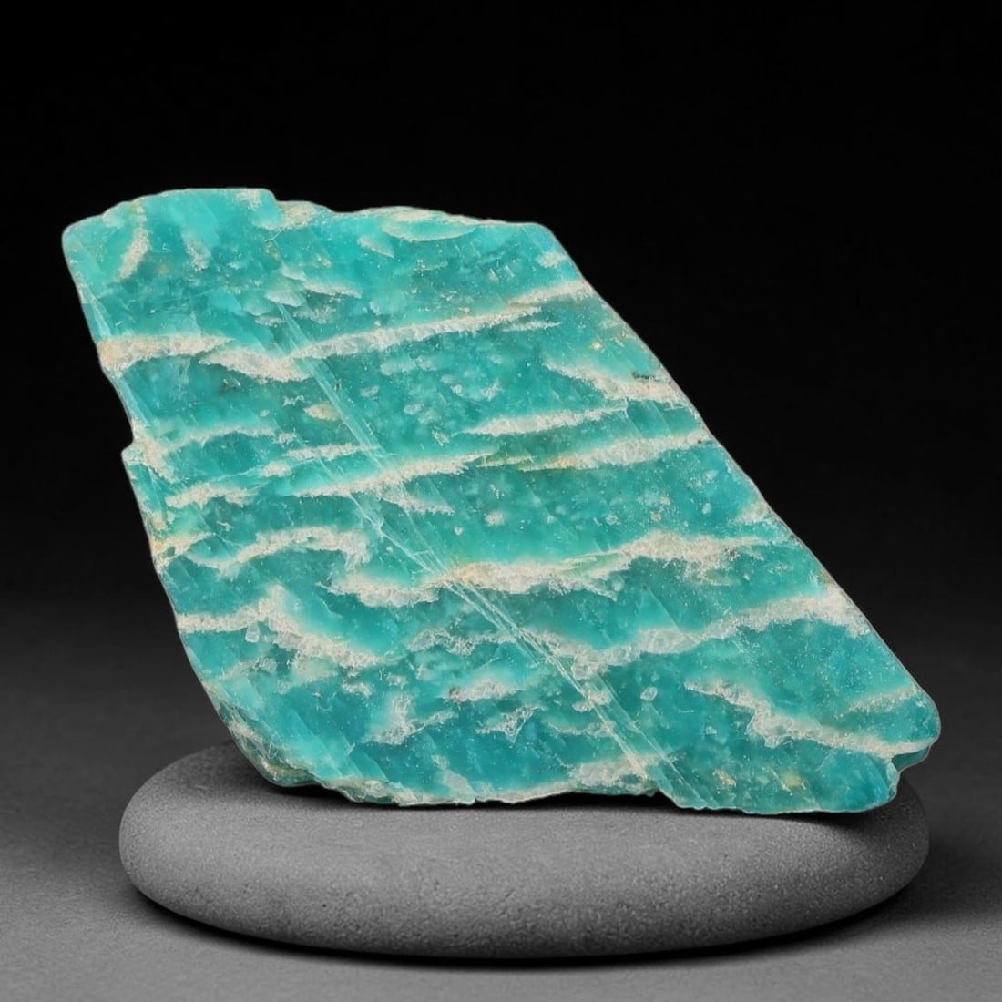51ct Natural Russian Ural Amazonite Slab Rough, 12WV: This intact amazonite slab features distinct parallel mineral banding running uniformly across its naturally split flat surface within 29x29x7mm slab dimensions, retaining unmodified natural geologica