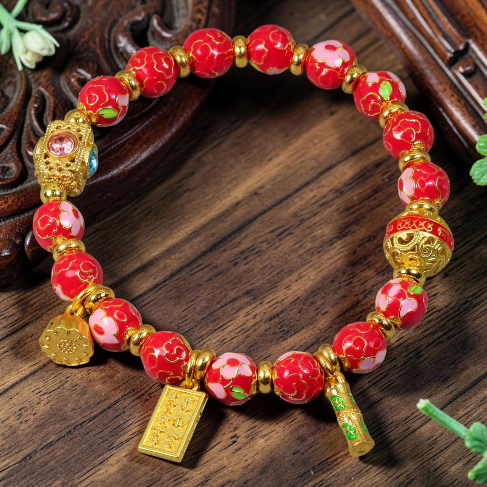 Chinese Cloisonne Enamel Beaded Bracelet - Red Multi Gold Auspicious Charms, 62YG (1 of 1)